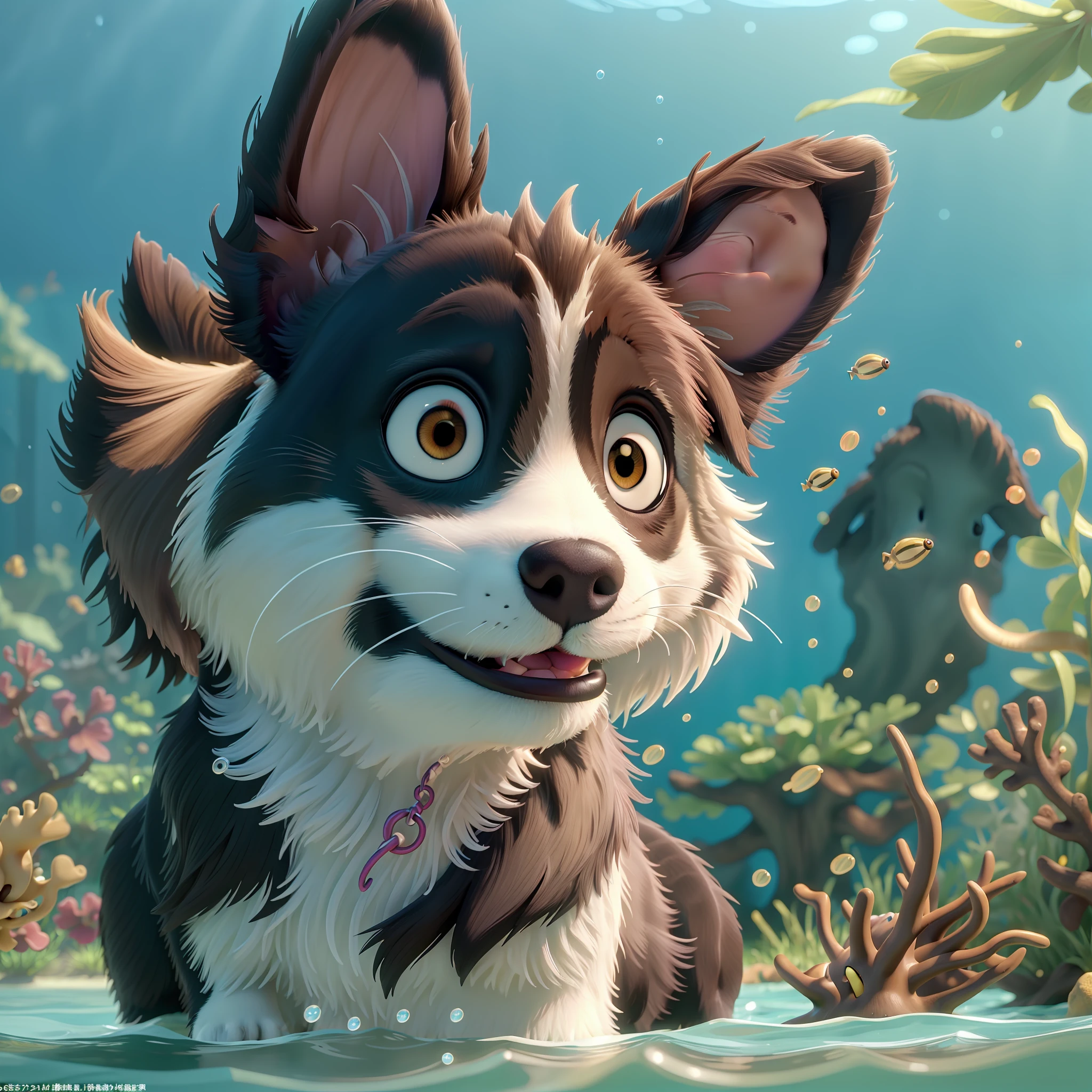 Best Quality:1.2,Masterpiece:1.2,Real:1.2,Close-up photo,Under the sea,Swimming black grass dog,Papillon dog with long swimming ears,Coral,Facial expression surprised,
