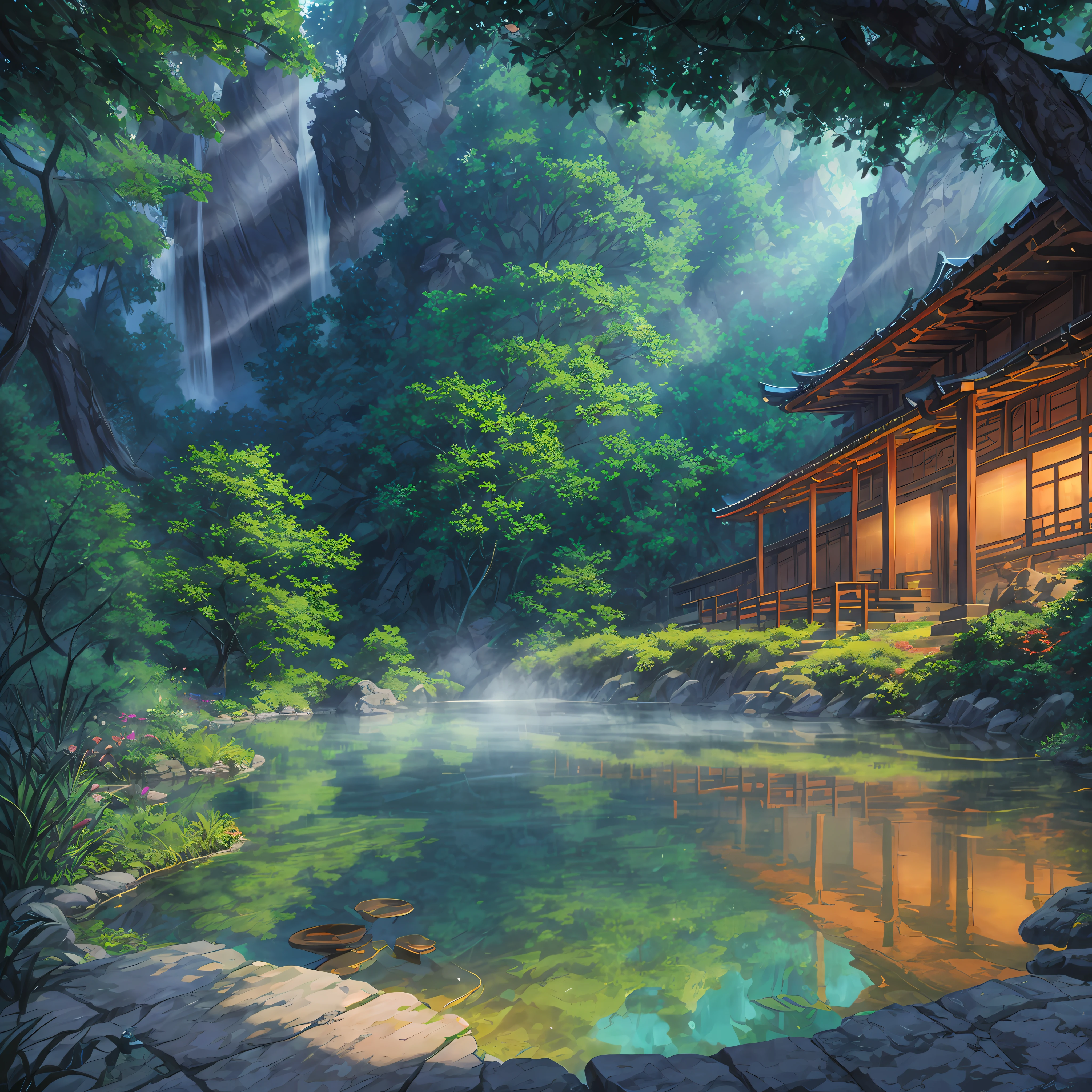 Hot springs, heat, water vapor, waterfalls, ancient Chinese times, jungles, lakes, caves, trees, meadows, night (illustration: 1.0), epic composition, realistic lighting, HD details, masterpieces, best quality, (very detailed CG unified 8k wallpaper)