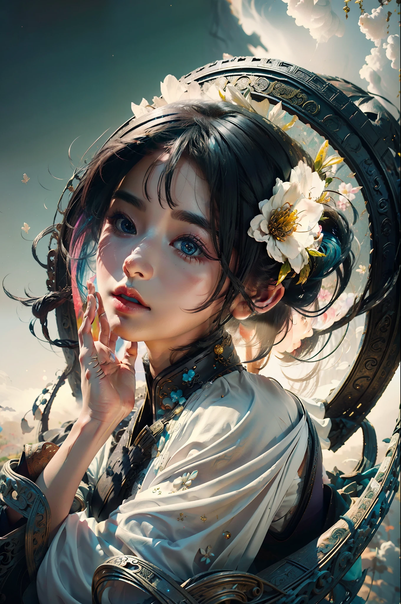 zhongfenghua, 1girl, (full body) solo, hanfu, flower field, blossom, (white smokes:1.3) (photorealistic:1.4), zentangle, mandala, entangle, official art, unity 8k wallpaper, ultra detailed, beautiful and aesthetic, masterpiece,best quality, (dynamic angle:1.4), glowing skin, (floating colorful sparkles:1) the most beautiful form of chaos, elegant, a brutalist designed, vivid colours, romanticism depth of field,