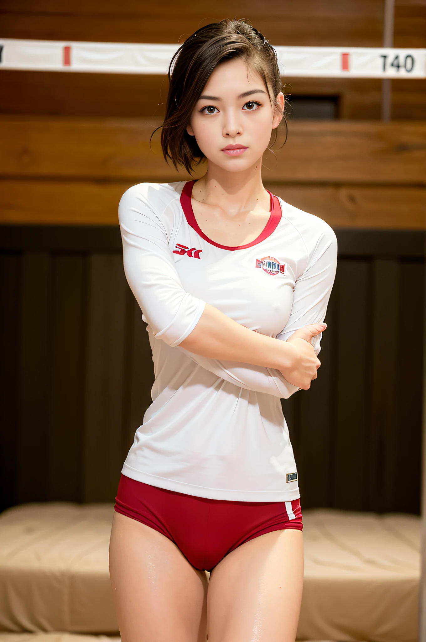 (wearing volley_uniform:1.3),
Good hands, 4K, high resolution, masterpiece, top quality, head: 1.3, (((Hasselblad photo)), fine detailed skin, sharp focus, (cinematic lighting), collarbone, night, soft lighting, dynamic angle, [:( detail face: 1.2): 0.2], ((((volleyball in-room))), wet with sweat, crotch bites, sexy pose, seduction face, dark hair, Japan person, splash white water on the crotch