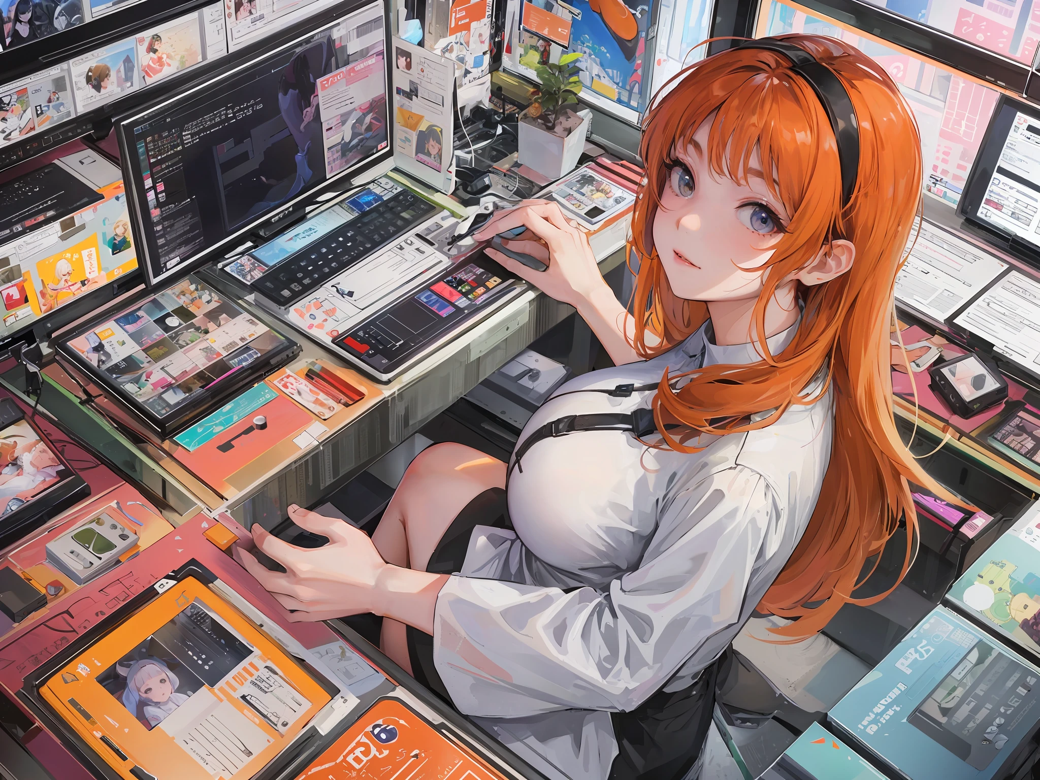 1girl, wear white aodai:1.5, play console game, official art, best quality ,8k , trend on pixiv, big breasts, (look away:1.5) , focus, playing game, play ps5 game, serious, chubby, hands hold a controller, orange hair, shouder length hair, random angle shot, from behind:0.3, from above:0.3, from below:0.5