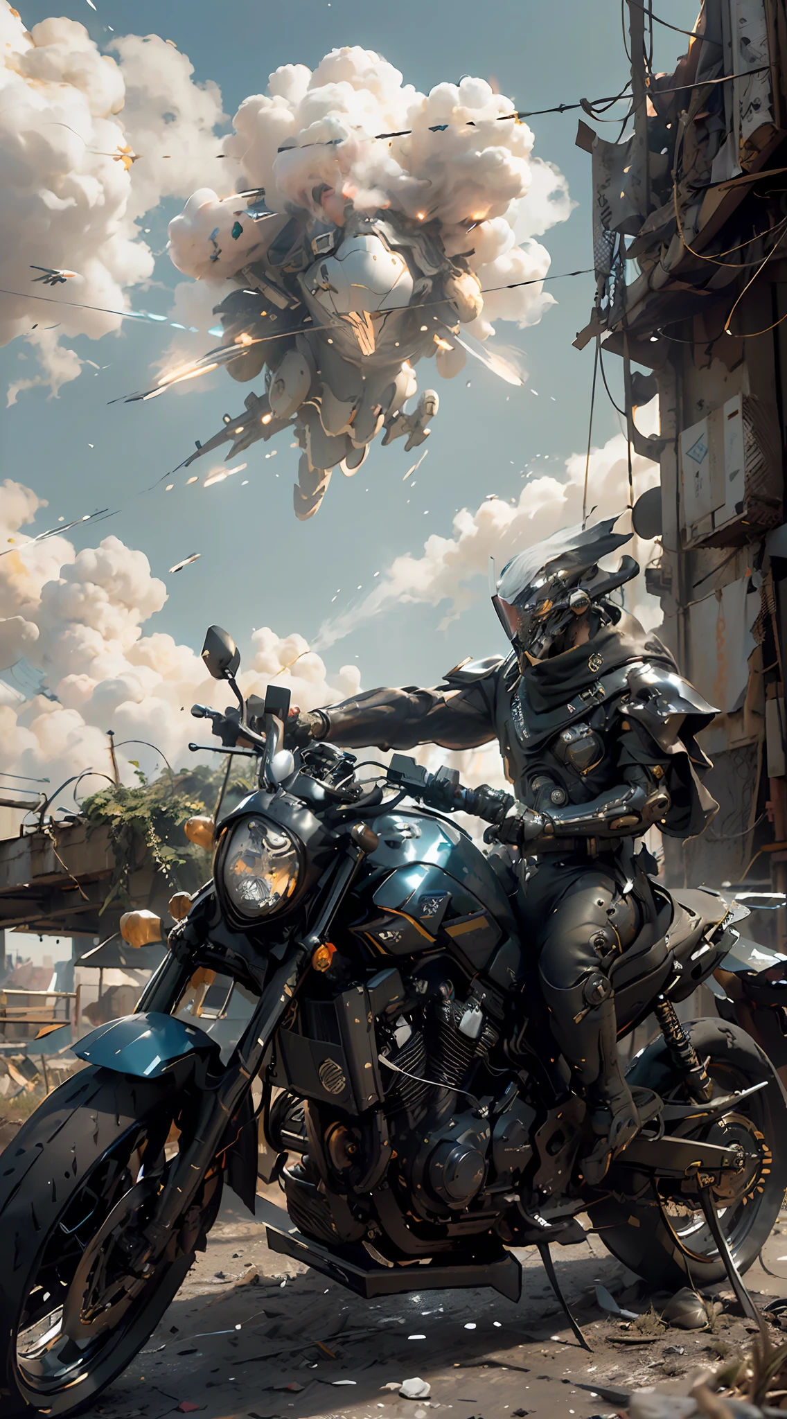 ((Best Quality)), ((Masterpiece)), ((Reality)), (detailed), (Realistic:1.5), A futuristic boy, (thick body), (white tights), lights on armor, cybernetic headdress, looking at the audience, dynamic pose, post-apocalyptic world, destroyed city background, buildings on fire, science fiction, HDR, ray tracing, nvidia rtx, super resolution, unreal 5, subsurface scattering, PBR texture, post-processing, anisotropic filtering, depth of field, Maximum clarity and sharpness, rule of thirds, 8K original, (luminous particles: 1.4), (very detailed CG, Unity 8K wallpaper, 3D, cinematic lighting, lens flares), reflections, sharp focus, cyberpunk art, cyberpunk architecture,