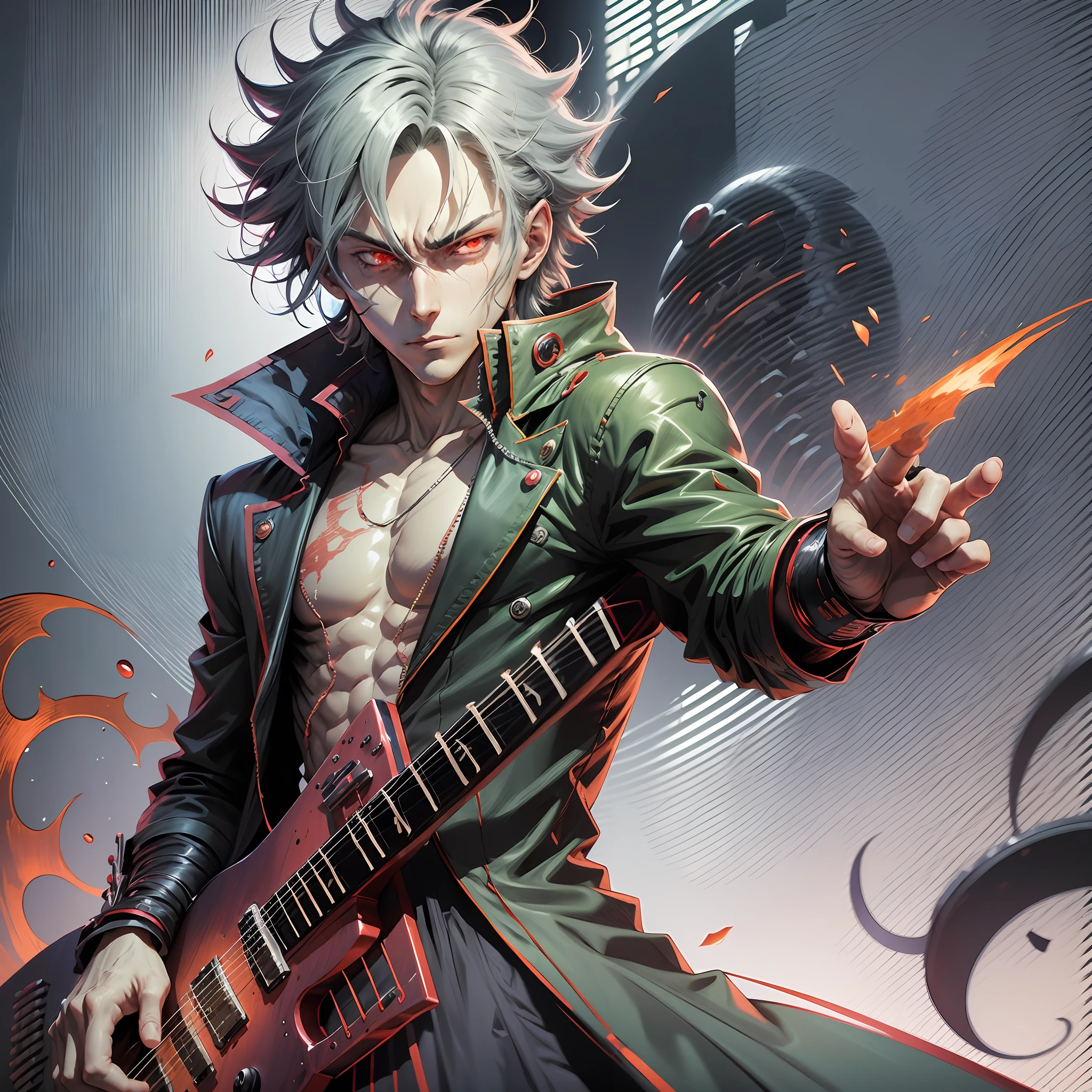 anime drawing of a guy with a guitar and a red eye, with index finger, he's very menacing and evil, with red glowing eyes, angry and pointing, trigger anime artstyle, neferpitou, alucard, threatening pose, demon slayer rui fanart, badass pose, kentaro miura manga art style, gapmoe yandere grimdark, cool shading --auto --s2