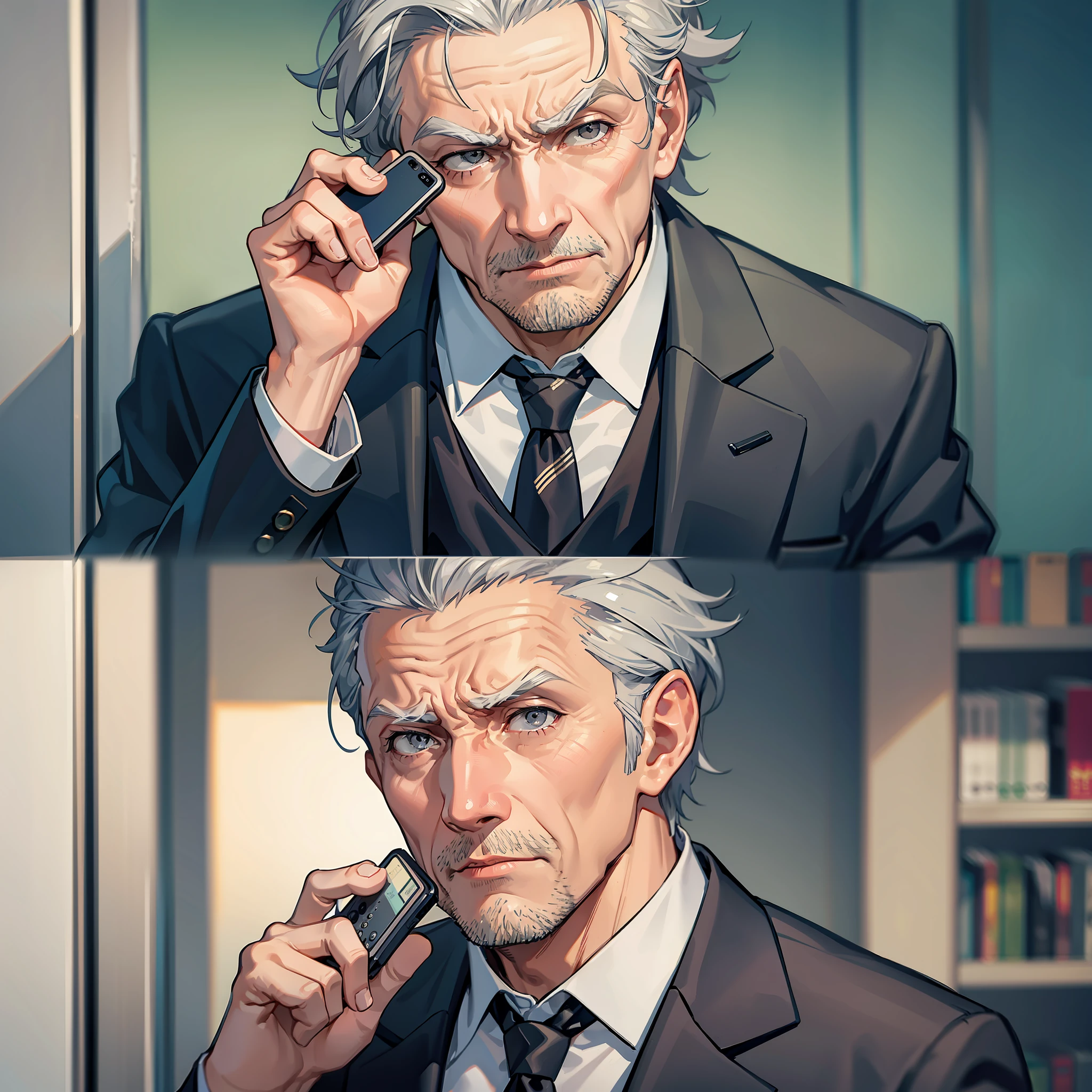 Elderly, gray hair, wrinkles, male. Wearing suits, angry expressions, phone calls, office scenes