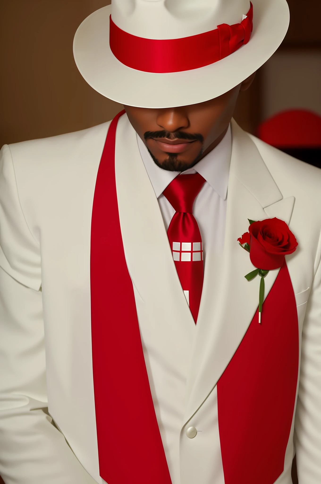 A black man with an extremely thin mustache and a very thin goatee, dressed in a white suit and red tie and hat, white suit and hat, red suit, white red suit, wearing white suit, white and red color scheme, red and white wearing formal attire, white suit, wearing red costume, red and white color scheme,  wearing a white tuxedo, red tie, red and white colors, Eddie del Rio
