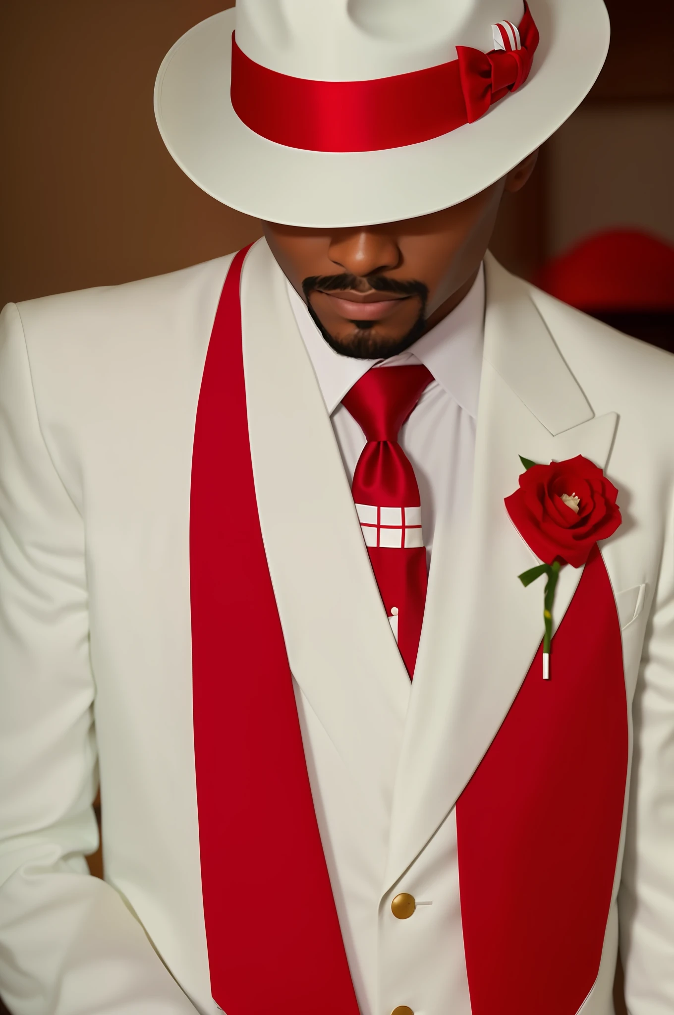 A black man with an extremely thin mustache and a very thin goatee, dressed in a white suit and red tie and hat, white suit and hat, red suit, white red suit, wearing white suit, white and red color scheme, red and white wearing formal attire, white suit, wearing red costume, red and white color scheme, wearing a white tuxedo, red tie, red and white colors, Eddie del Rio