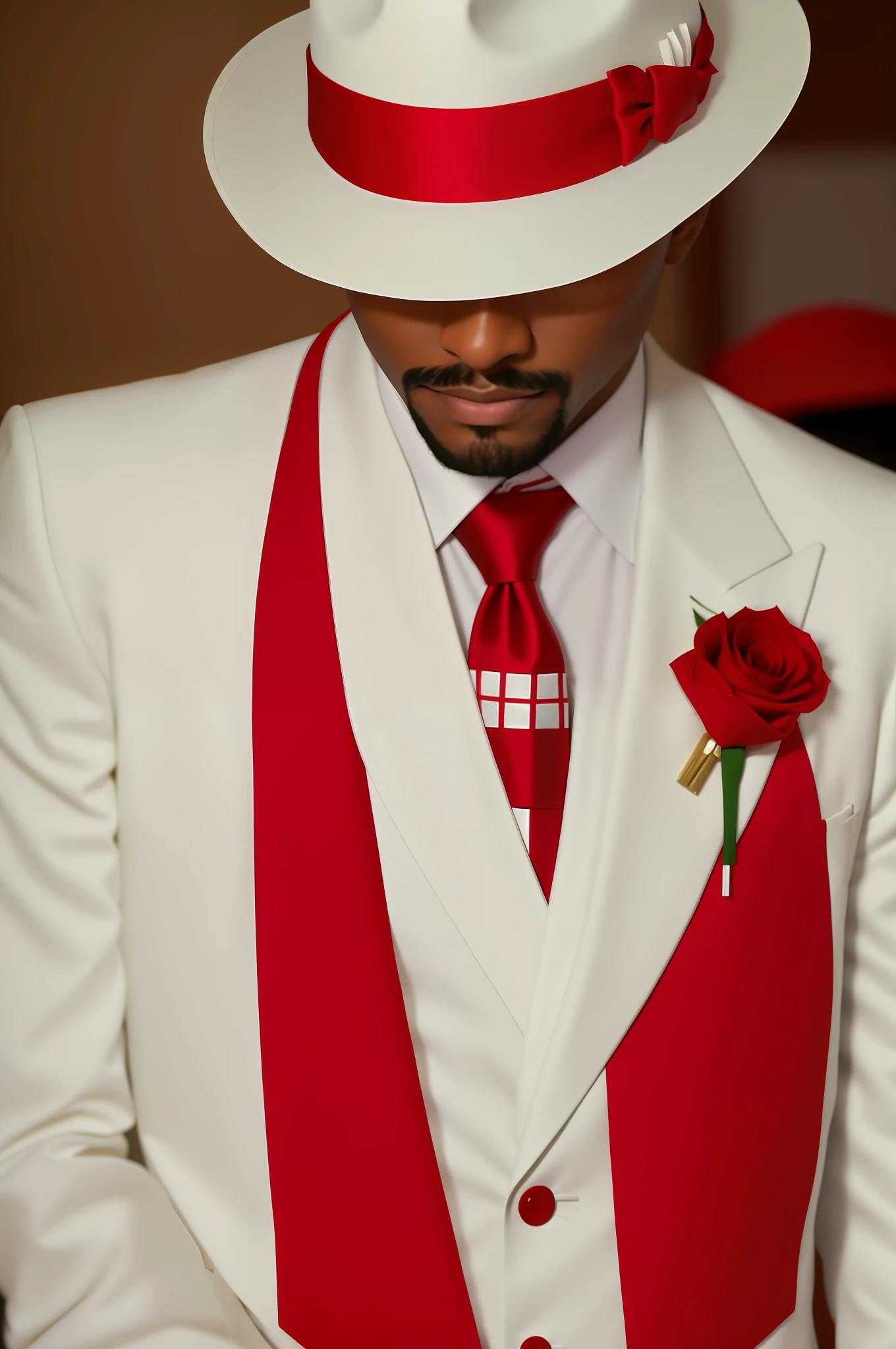 A black man with an extremely thin mustache and a very thin goatee, dressed in a white suit and red tie and hat, white suit and hat, red suit, white red suit, wearing white suit, white and red color scheme, red and white wearing formal attire, white suit, wearing red costume, red and white color scheme,  wearing a white tuxedo, red tie, red and white colors, Eddie del Rio