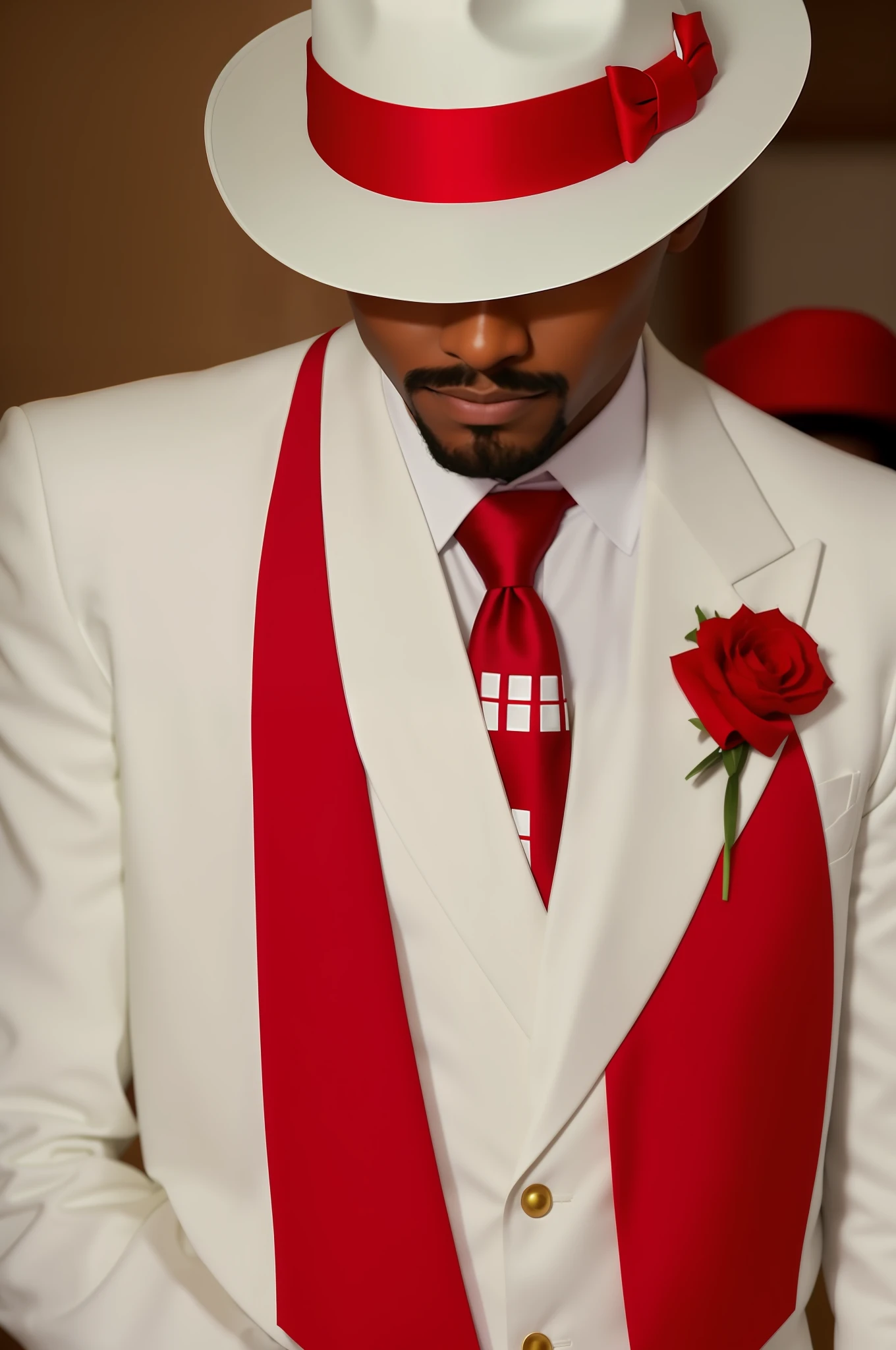 A black man with an extremely thin mustache and a very thin goatee, dressed in a white suit and red tie and hat, white suit and hat, red suit, white red suit, wearing white suit, white and red color scheme, red and white wearing formal attire, white suit, wearing red costume, red and white color scheme, wearing a white tuxedo, red tie, red and white colors, Eddie del Rio