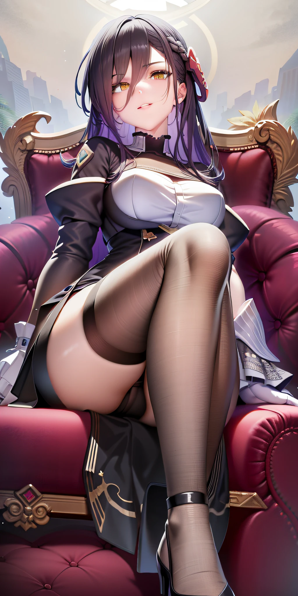 a close up of a person sitting on a chair with a purple hair, cushart krenz key art feminine, extremely detailed artgerm, fine details. girls frontline, from girls frontline, seductive anime girl, guweiz, krenz cushart and artgerm, range murata and artgerm, style artgerm