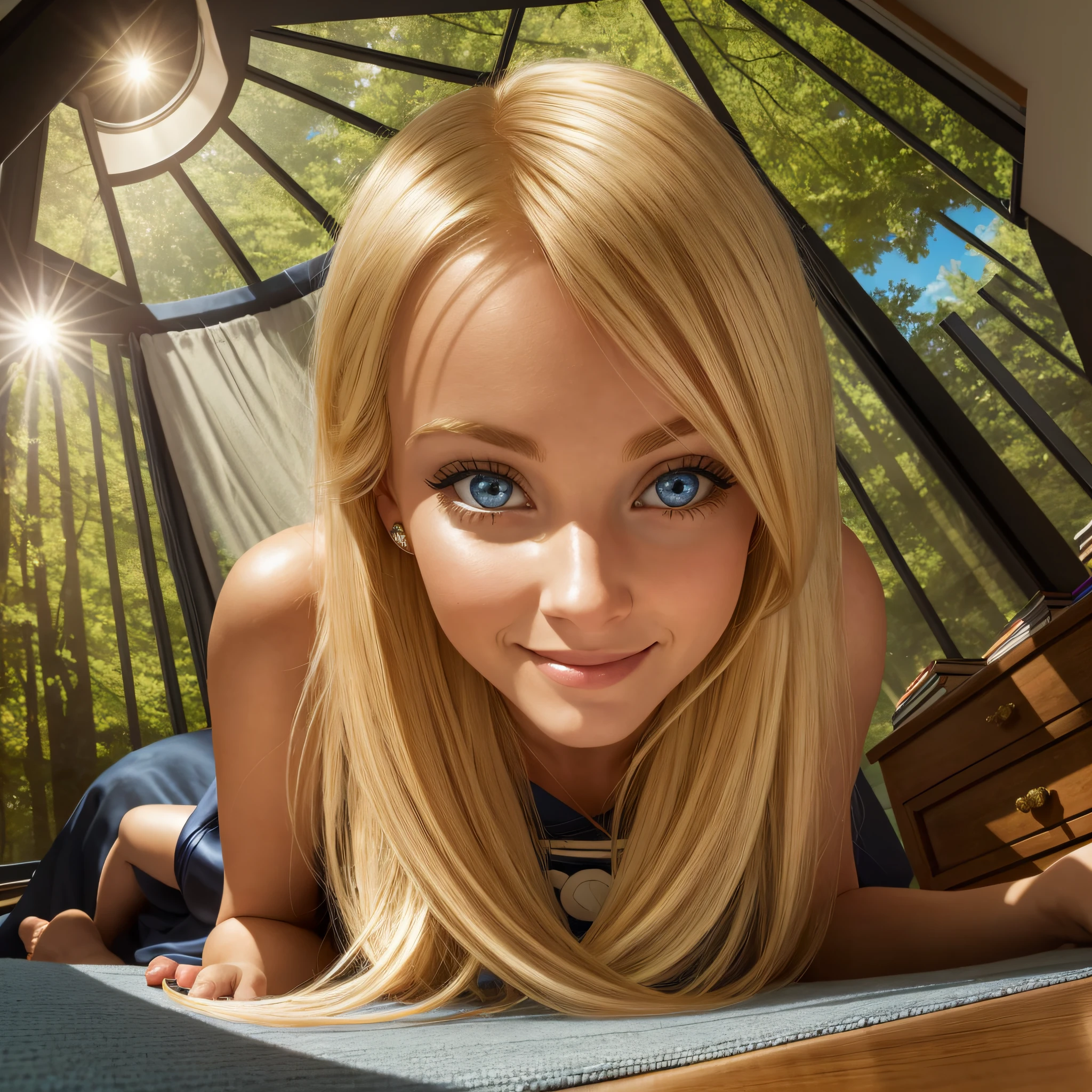 beautiful blonde woman looking down at camera, blue eyes, black dress, sweet smile, extreme low angle, extreme worms eye view, floor view, in a cozy study room, no windows visible, armchair, bookshelf, sunlight --auto --s2