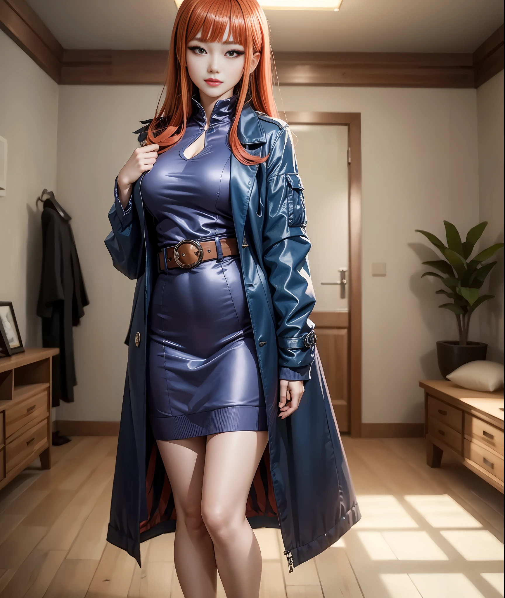 (Best quality, 8k, 32k, Masterpiece, UHD:1.2), (fullbody Pretty korean woman 18 years old), 1girl,extremely detailed face, extremely detailed eyes, (red hair with japanese bangs ) , double eyelid, medium breasts,smirk, solo focus, , in a living room inside in a apartment ,living room behind,standing ,blurry background,blue long dress,jacket,belt , abs