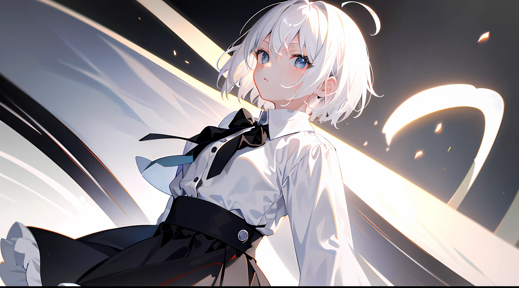 ((masterpiece, best quality)), (1girl), (solo), (female focus), (ahoge, white hair, short hair, undercut), (black eyes), ((white shirt), (buttoned shirt)), ((black skirt), (long skirt)), white background, arms behind back