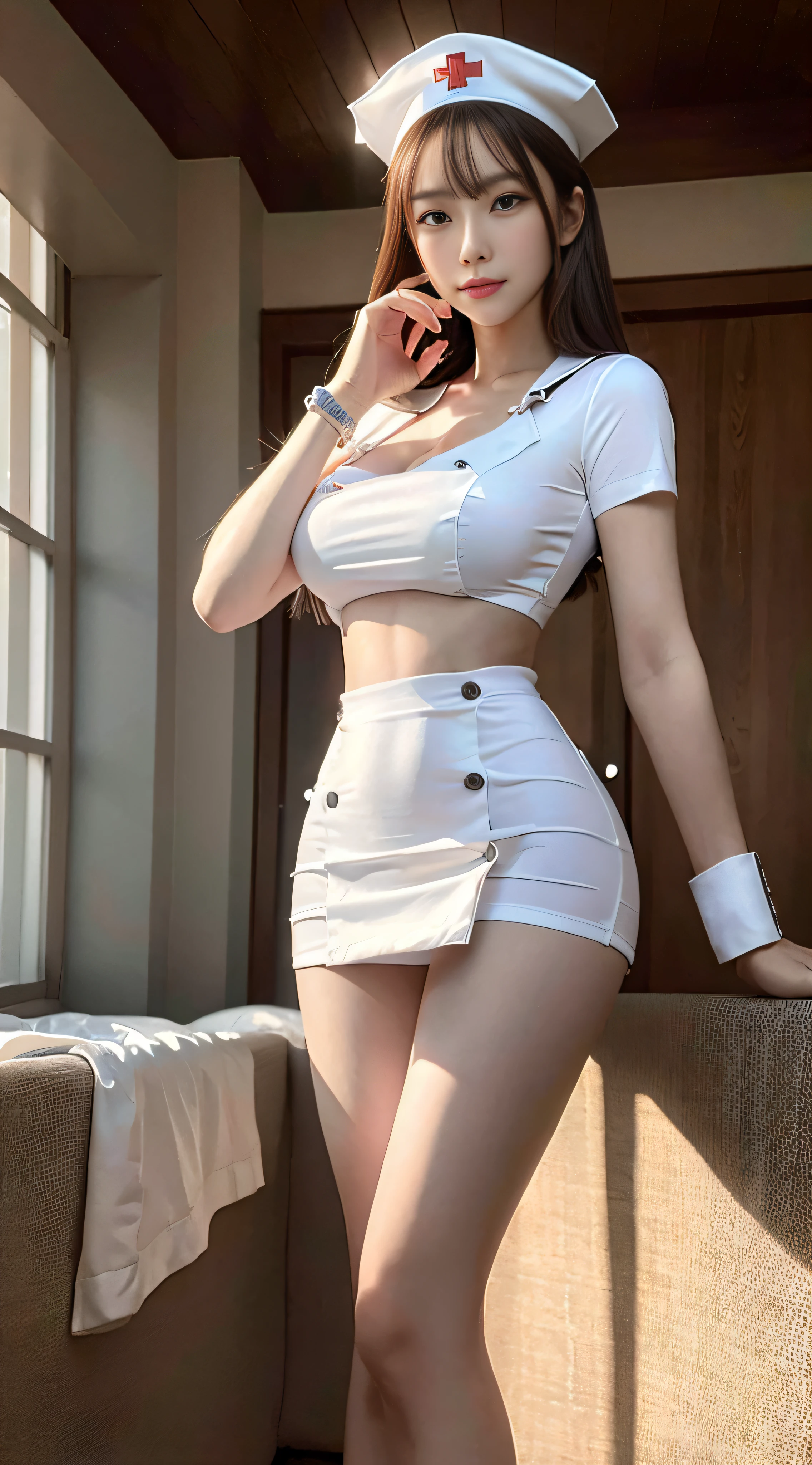 Super High Resolution, 8K, Parameters Best Quality, Masterpiece, Super High Resolution, Detailed Skin, Crazy Details and Complexity, Ultra Realism, Hyper Detail, Super Details, Realism, Ultra Realism, Nurse, Nursing Uniform, Nurse Cosplay, Full Body, Brazier, Slender Waist, Ant Waist, Small Breasts, Small Breasts,