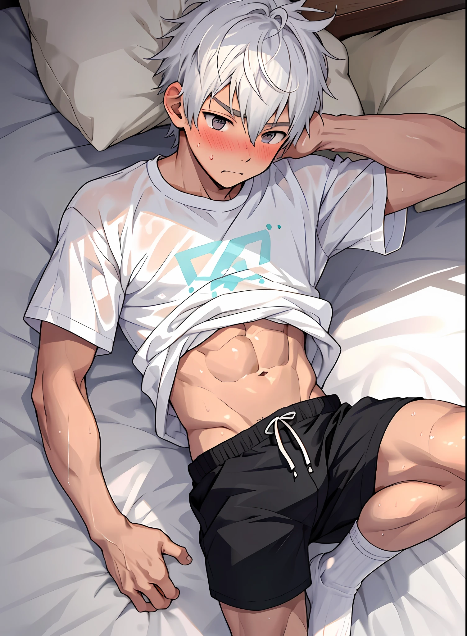 Masterpiece, Best Quality, 1boy, shota, white hair, white socks, solo, male focus, shirt lift, lift yourself, shorts, bare skin, male, blush, wet, sweat, navel hair, light particles, lying on bed