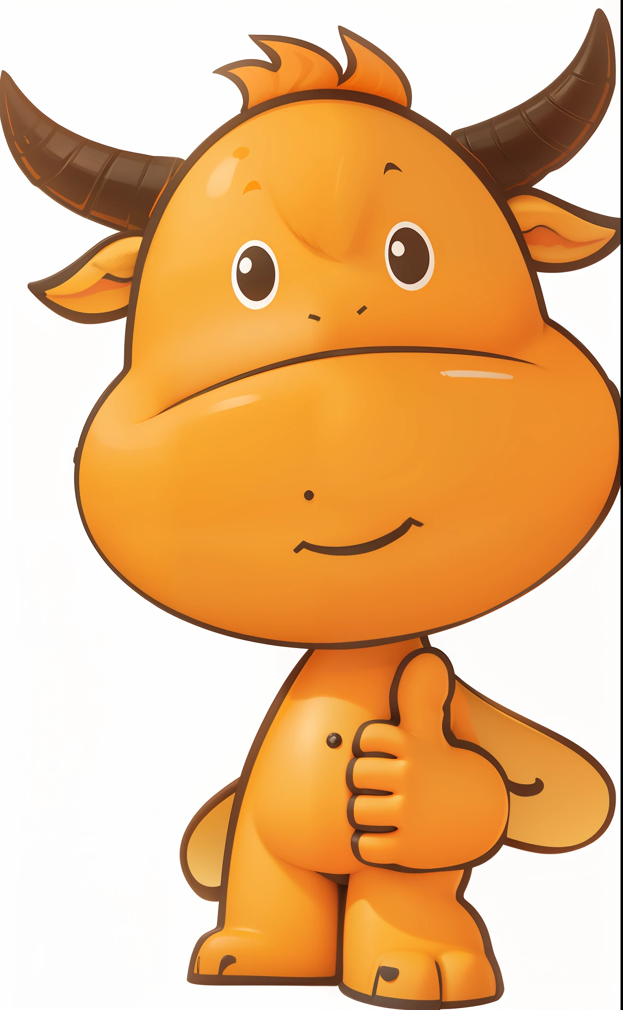 A thumbs up calf with black horns and orange skin