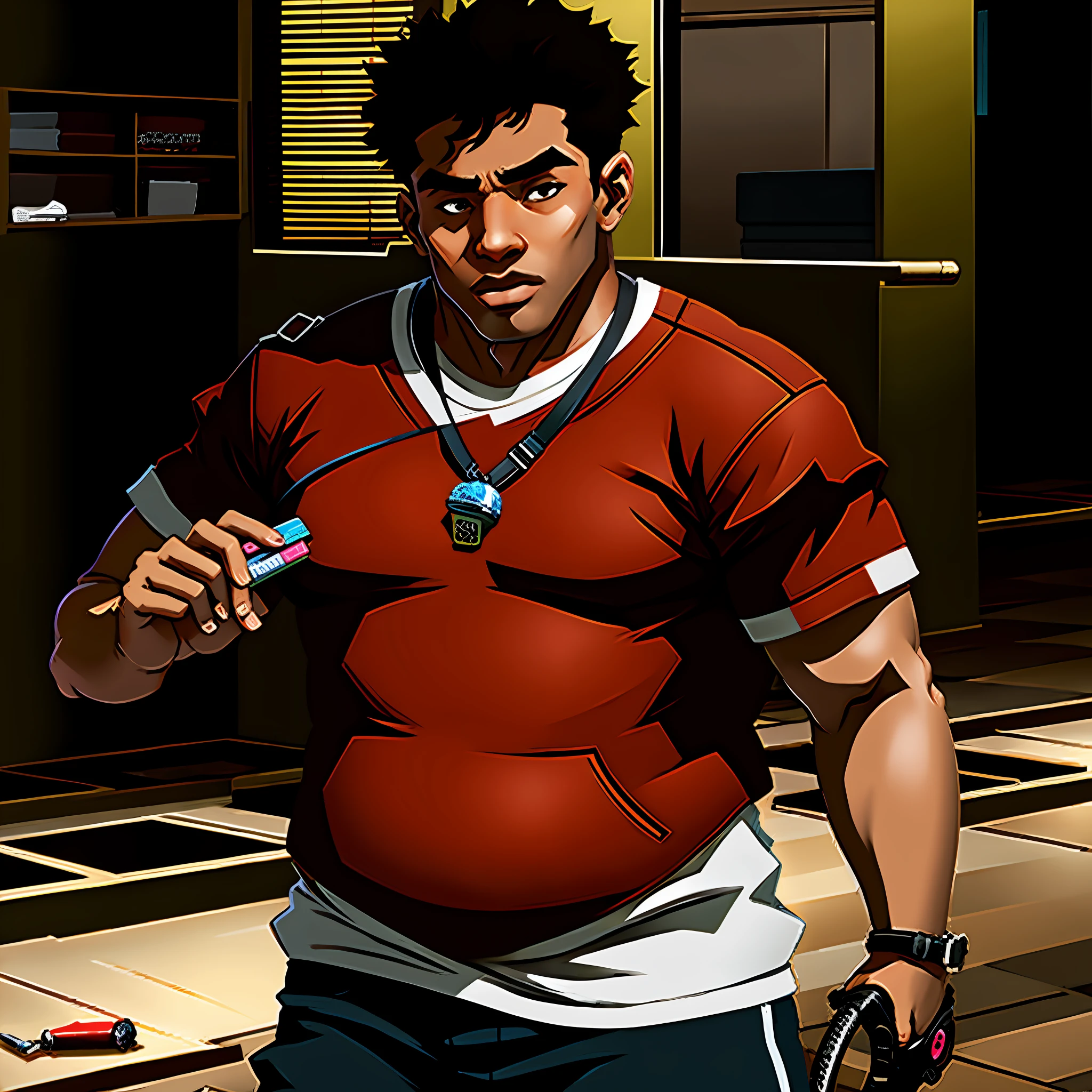fat boy, Brazilian, young boy, brown skin, modern clothes, bully, high school