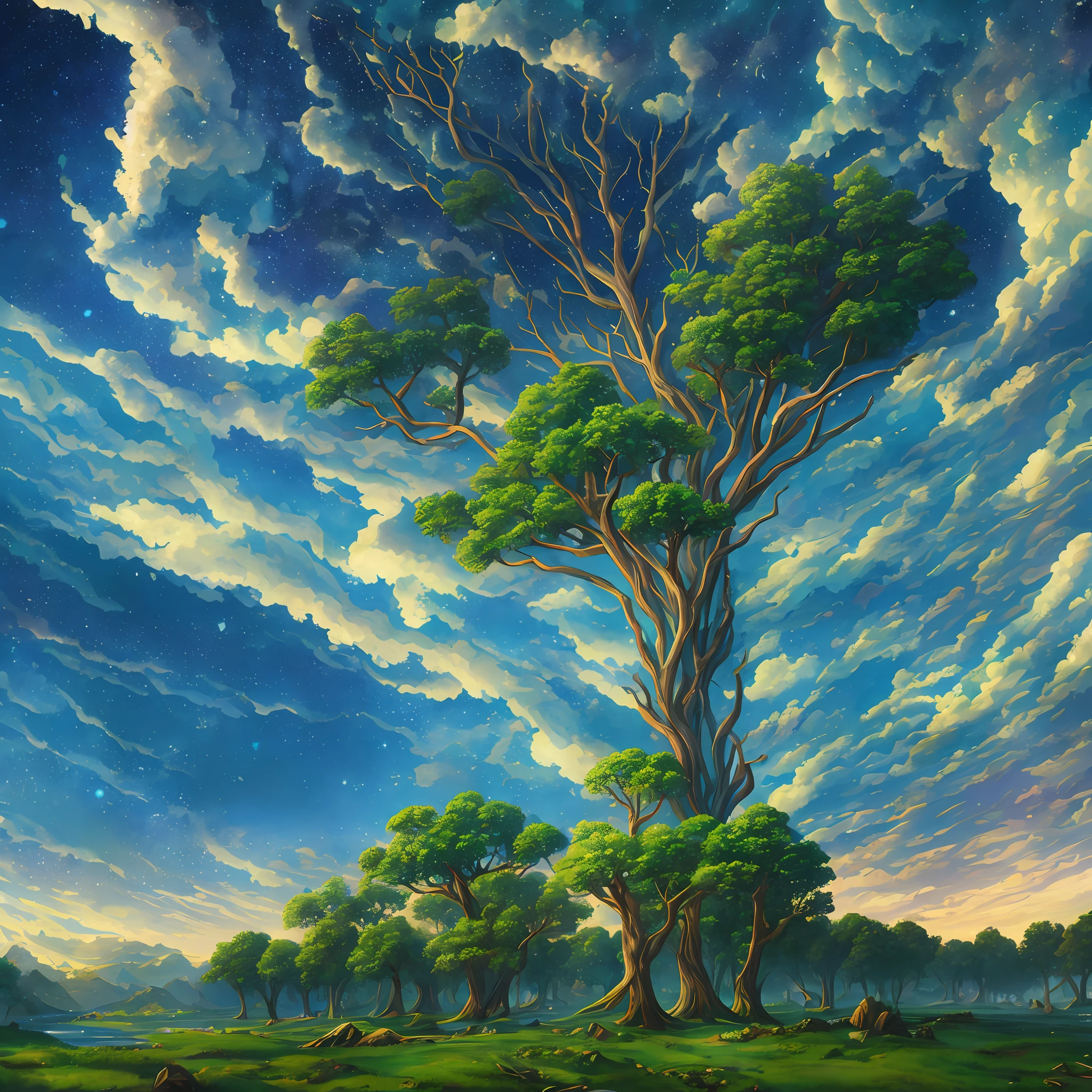 A surreal, otherworldly, surreal sky scene that includes the whole body of a huge giant tree, very detailed and magical lights, intricate forest details, vegetation and surrounding rivers, sun, landscape, giant trees, beautiful green leaves, beautiful lights and realistic proportions, as if on earth, 8k, highest quality, masterpiece, super exaggerated clouds and stars in the sky. Realism --auto --s2