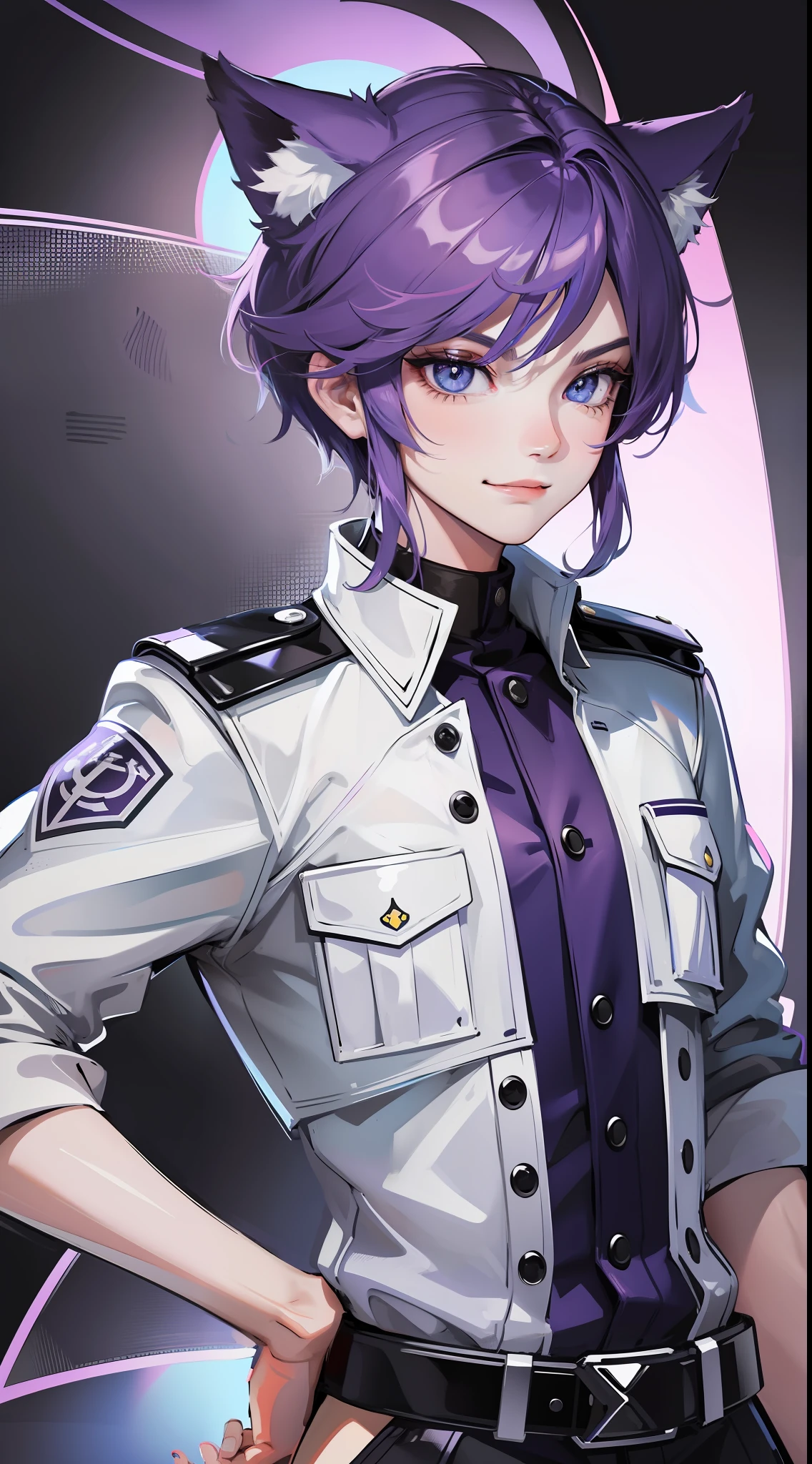 Young guy, short purple hair, blue eyes, wolf ears, dark officer's uniform, smirk, masterpiece, high quality