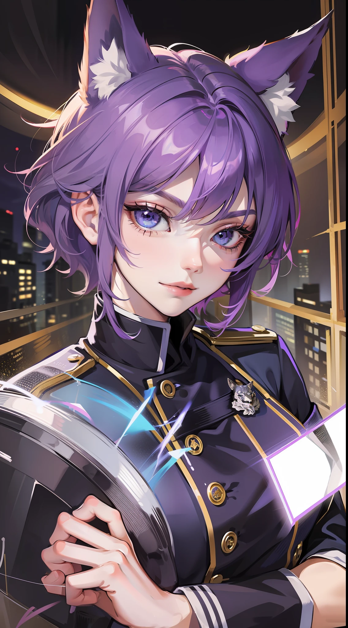 Young guy, short purple hair, blue eyes, wolf ears, dark officer's uniform, smirk, masterpiece, high quality