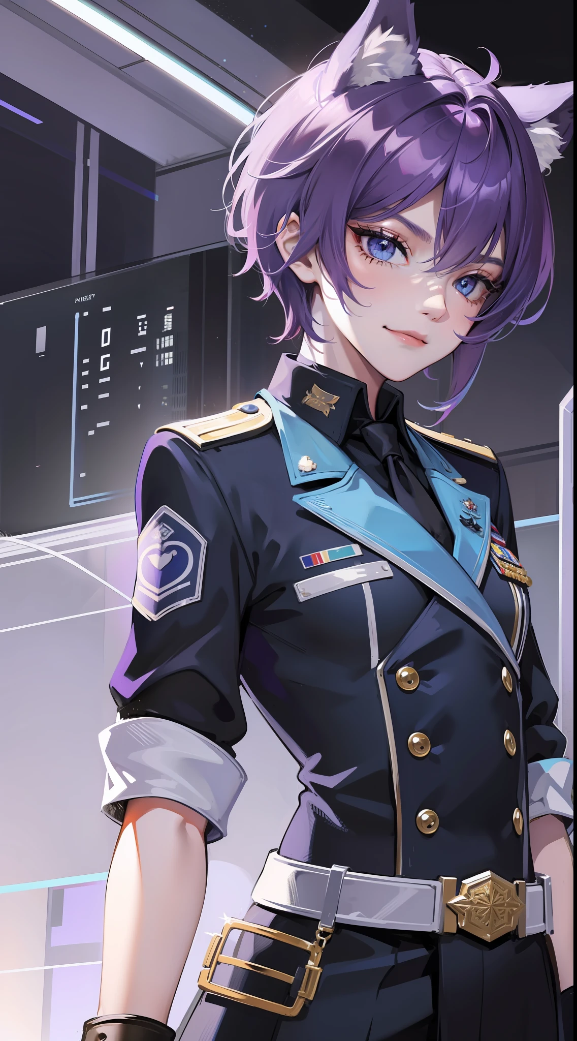 Young guy, short purple hair, blue eyes, wolf ears, dark officer's uniform, smirk, masterpiece, high quality