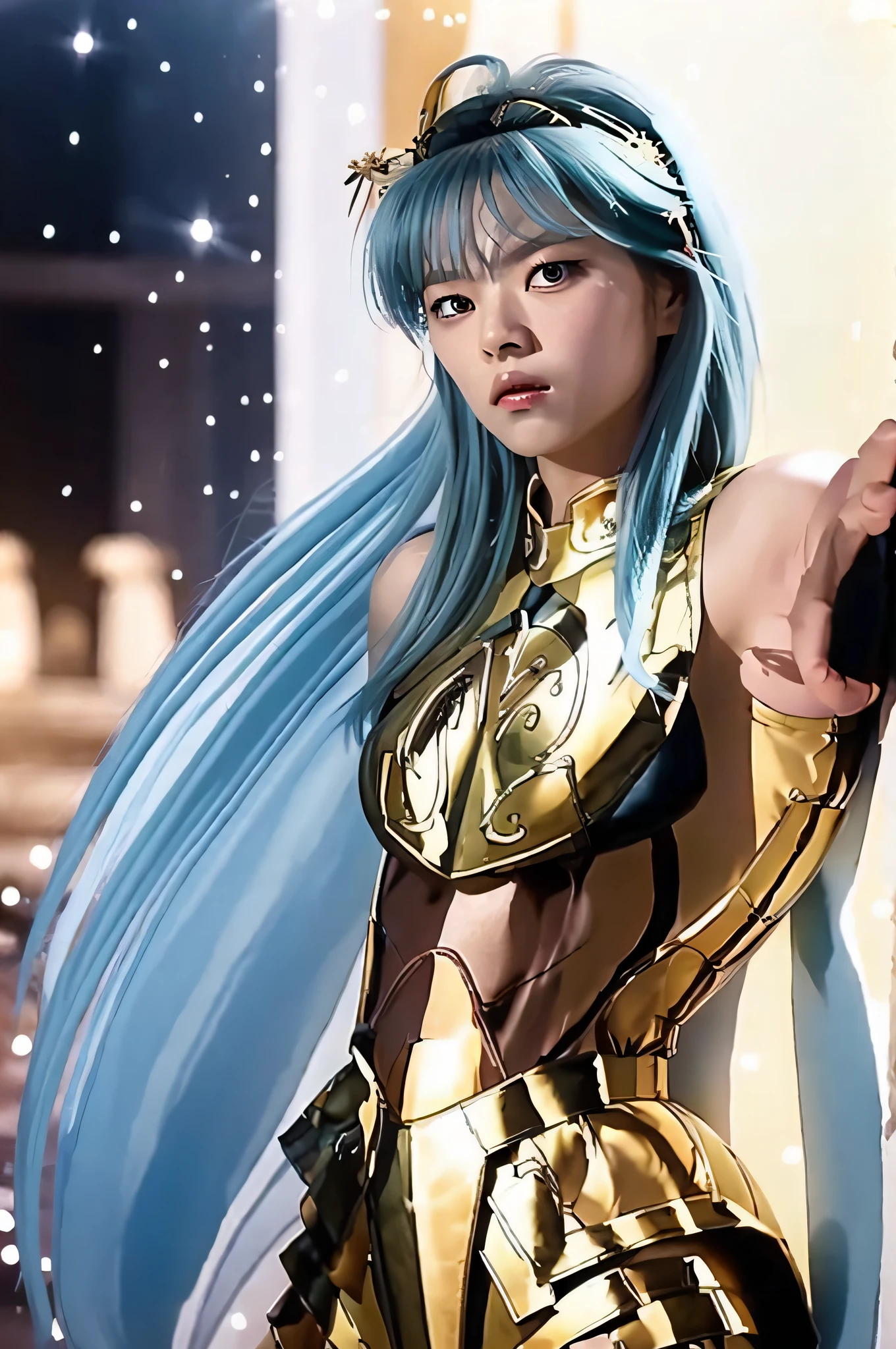 TWICE Jeongyeon, masterpiece, best quality,highly detailed RAW color Photo, sharp focus, 8k high definition, 1girl, long hair, turtle neck, full body photo, female wearing armor, light blue hair, helmet, leg armor, shoulder armor, long hair, yellow armor, reflection on armor, headset, yellow head band, sparking armor, white skin tight transparent vinyl, at night, from lower, AquariusArmor, standing strait, (gold armor:1.2) moonlight reflection, sacredness , landscape, bright (facial freckles:0.1), to8contrast style, posing in a dark studio, (rim lighting,:1.4) two tone lighting, octane, unreal, dimly lit, (low key:1.3),