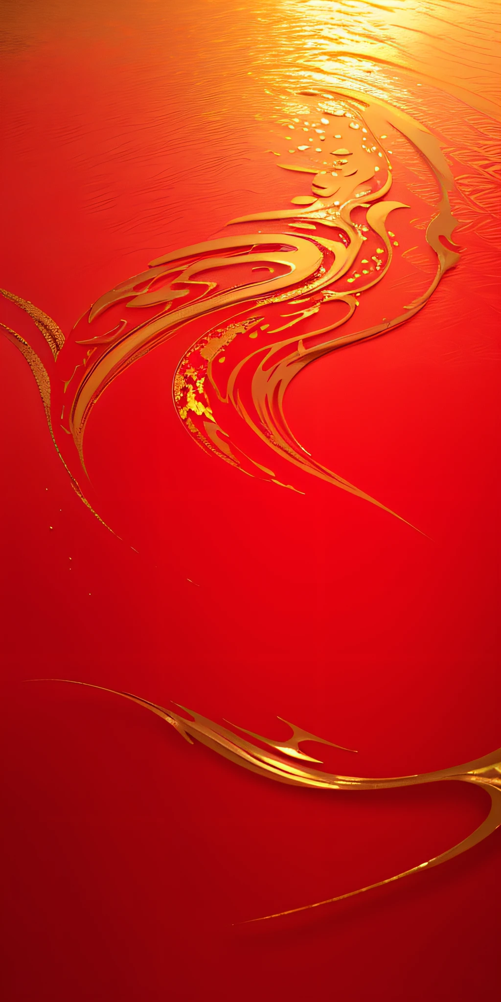 There is a painting of red and gold, red fluid, lacquer on canvas, red and gold details, red !! Sand, pink and gold, pigment texture, gold leaf touch, quinacridone magenta, red sand, magma and golden veins, glossy painting, regular flow, left to right, flow (smooth), simple, depth, waves, abstract synth wave shape