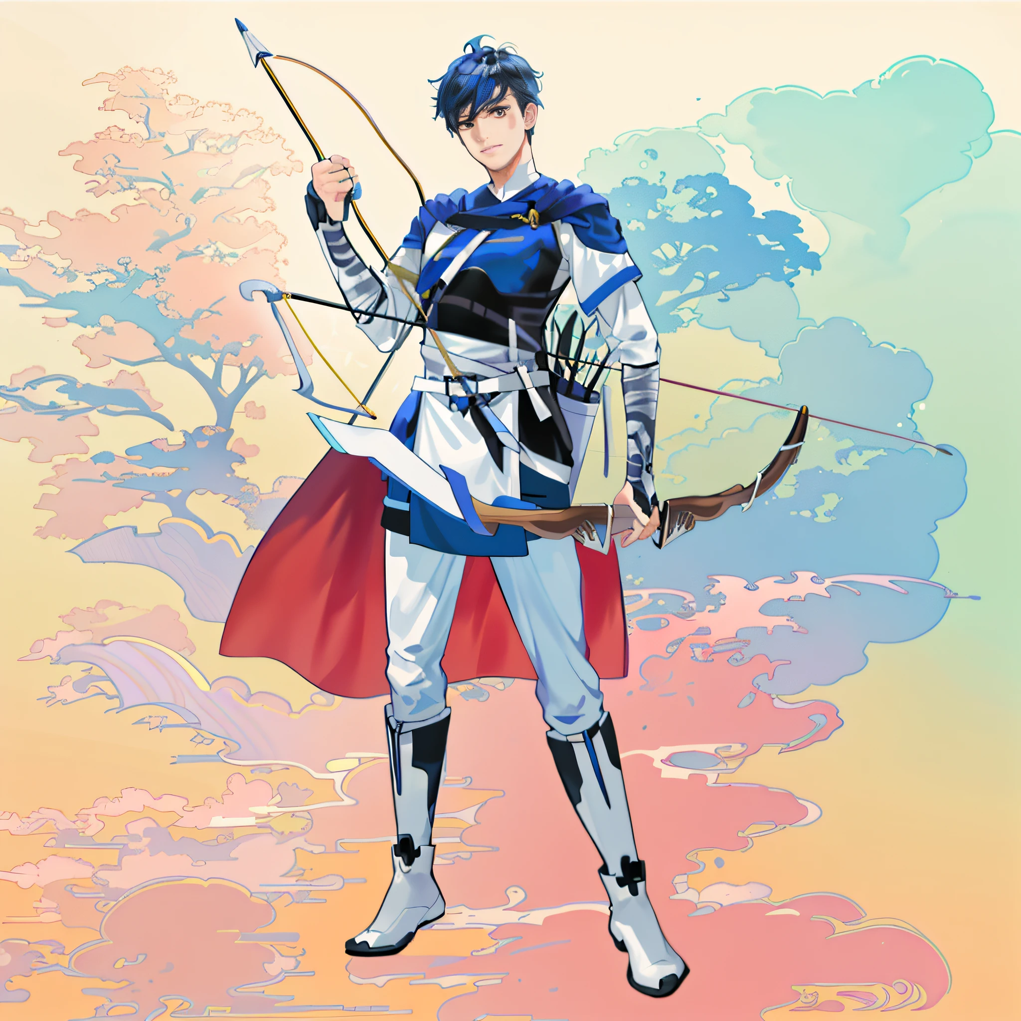 Recent quality, masterpiece, a man with a bow and arrow, clean line art, sharp line art, male ranger, perfect line art, line art Behance HD, line art, full body character drawing, thick line art, archer boy, line art, complex fantasy characters, holding a bow and arrow, Illustrations,