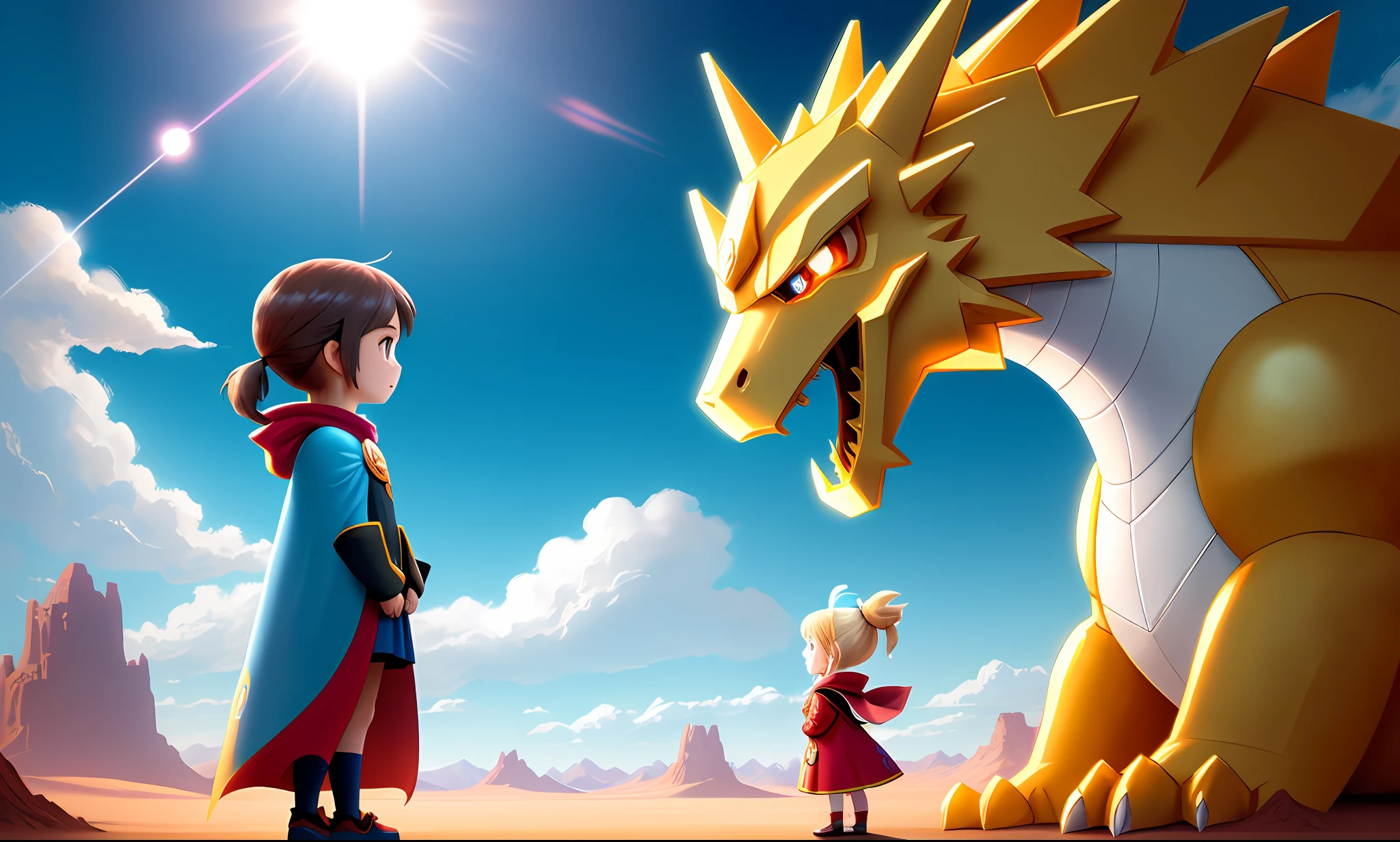 (((Best Quality))), a golden dragon next to a mysterious little girl in a cape, crystal eyes, desert, light blue sky, fresh color, Pokemon style