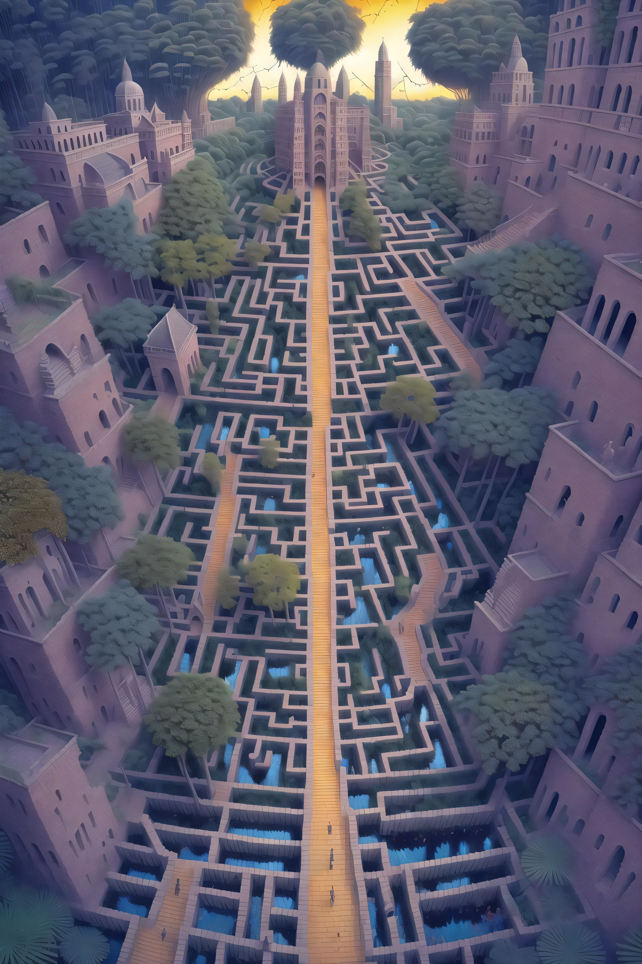 high angle, Labyrinth, hanging gardens of babylon at night, pond, mud, godrays, water lilies, reeds, fireflies, vivid color, three point perspective, cinematic lighting, intricate detail