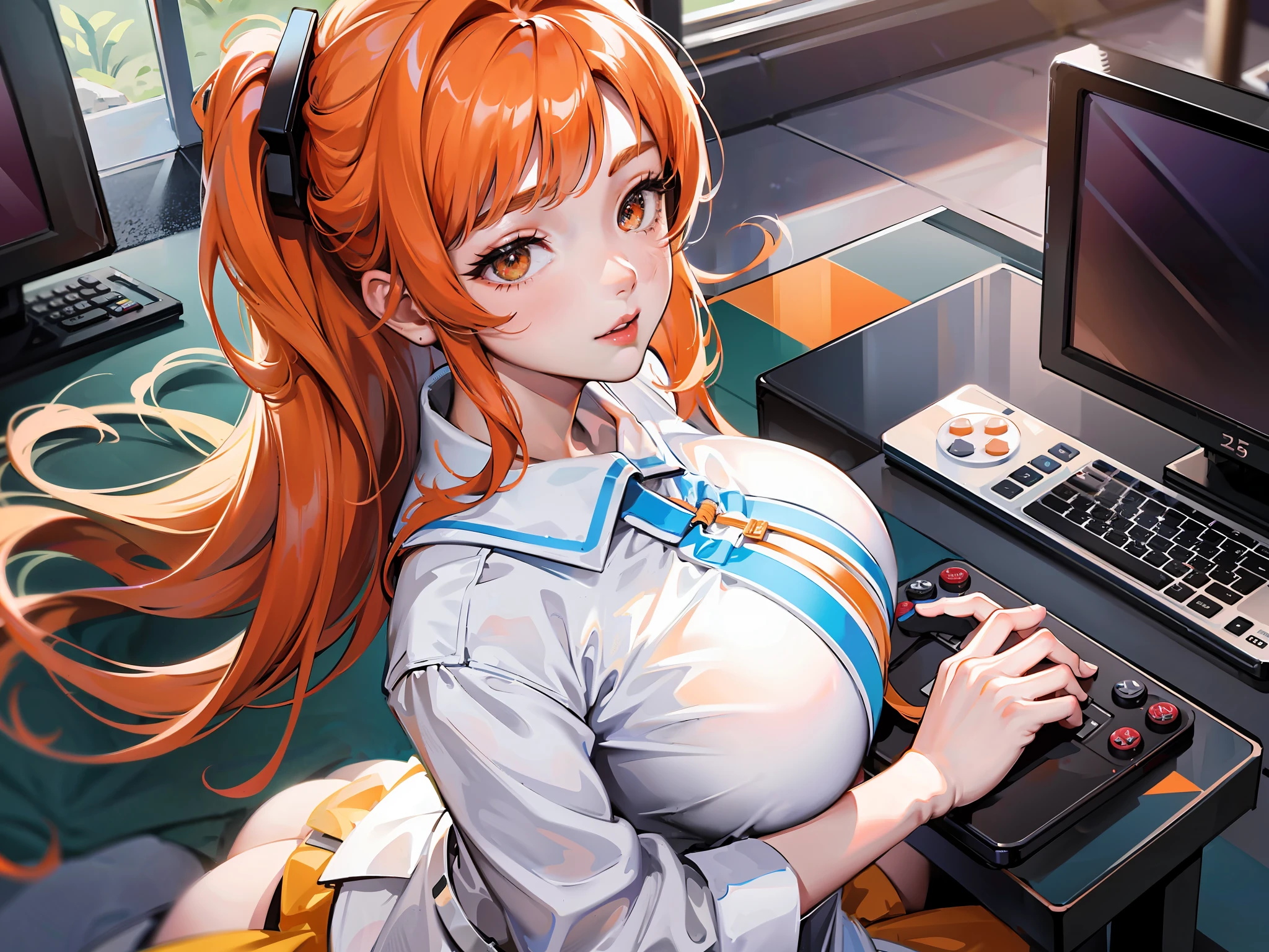 1girl, wear white aodai:1.5, play console game, official art, best quality ,8k , trend on pixiv, big breasts, (look away:1.5) , focus, playing game, play ps5 game, serious, chubby, hands hold a controller, orange hair, shouder length hair, random angle shot, from behind:0.3, from above:0.3, from below:0.5, hyper realistic:1.5