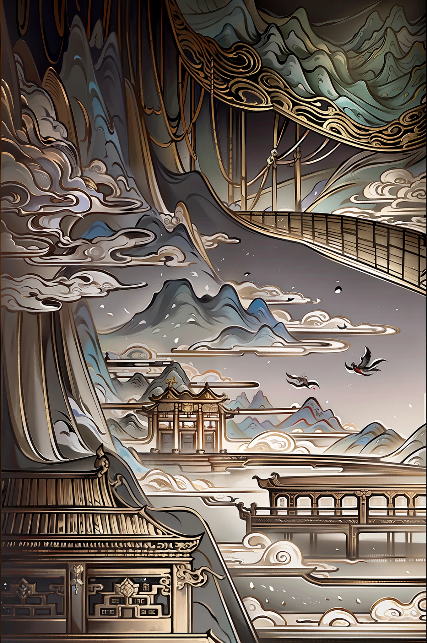 An ancient Chinese painting, ancient Chinese background, mountains, rivers, auspicious clouds, pavilions, sunshine, masterpieces, super detail, epic composition, ultra HD, high quality, extremely detailed, official art, unified 8k wallpaper, Super detail, 32k -- v 6