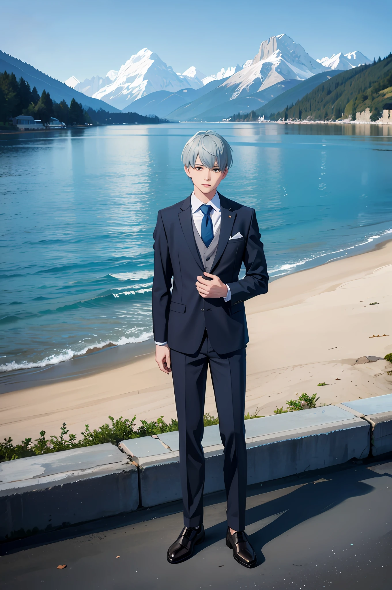 Masterpiece, best quality, 1 boy, standing, full body, bliss, soft, ultra-clear, hd image, (front), (sea with mountains and water background), gray-blue hair, short hair, school uniform blazer