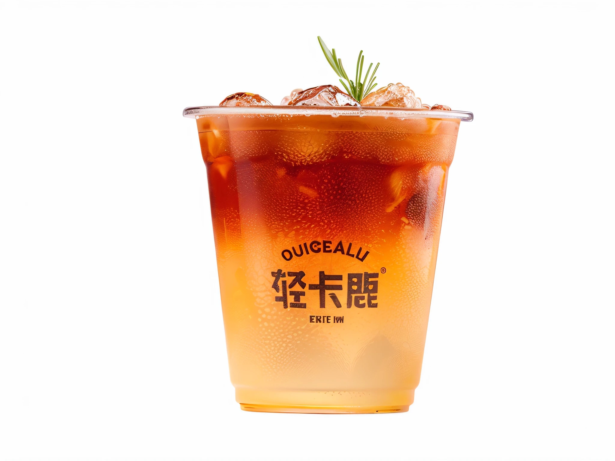 there is a drink in a plastic cup with ice and a sprig of rosemary, shogakukan, drink, colored milk tea, qiangshu, ice coffee, jia, straw, iced tea glass, cold drinks, guangjian, cold brew coffee ), iced latte, product photo, 8 к, inspired by Gong Kai, shaky, peak experience ”