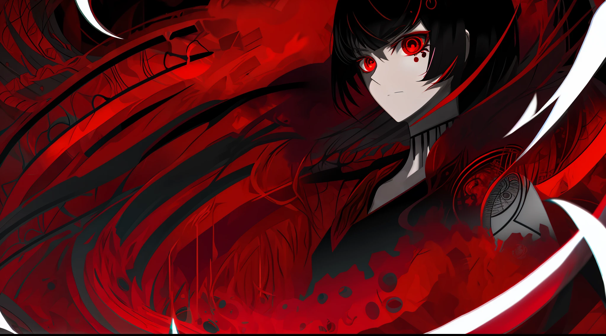 black hair, red eyes, hex, double helix, helix, DNA, abstract, science, abstract background, dead expression, 1girl, portrait