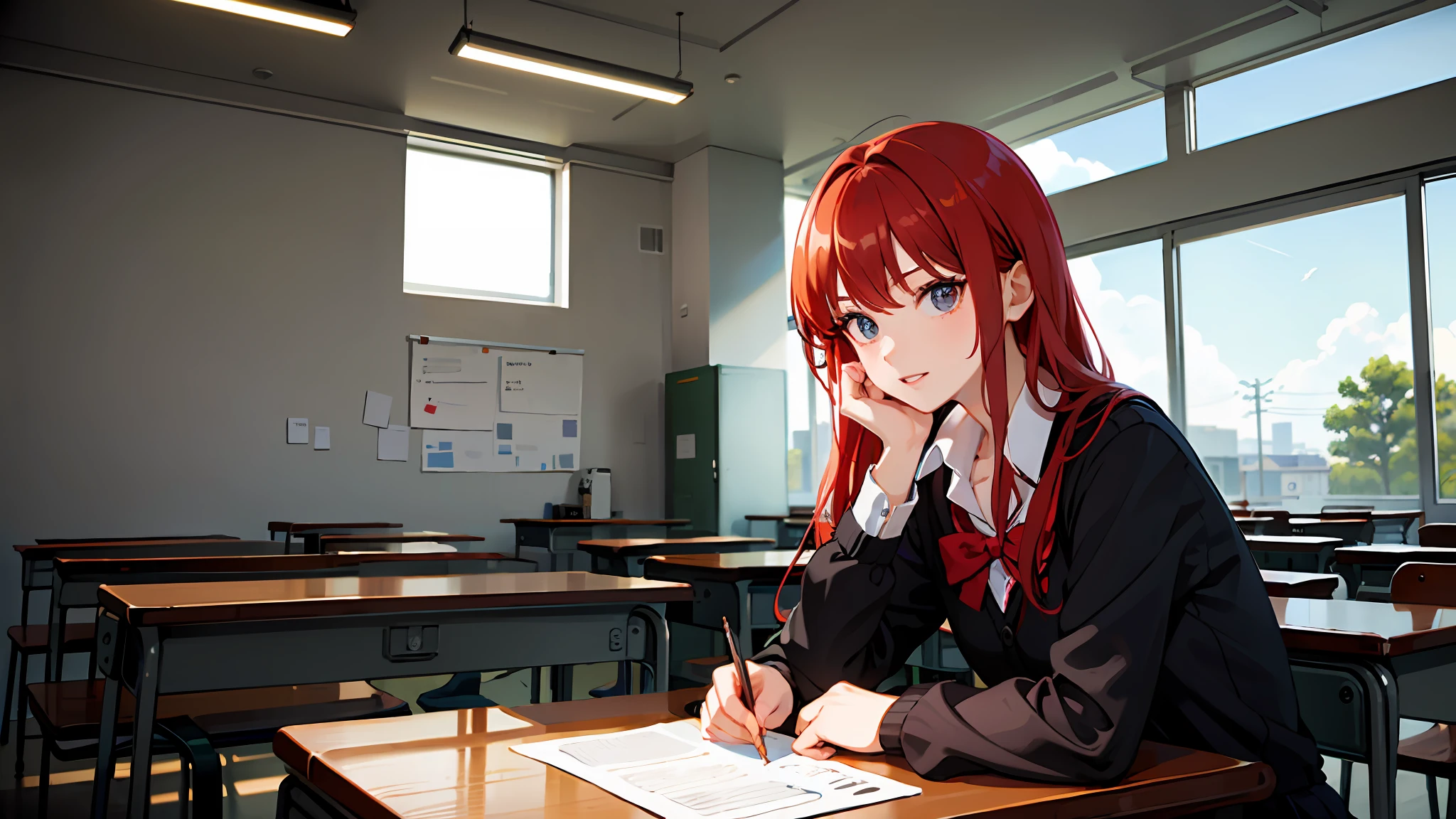 ((masterpiece,best quality)),1girl,red hair, school uniform, indoors, classroom, glowing, sidelighting,