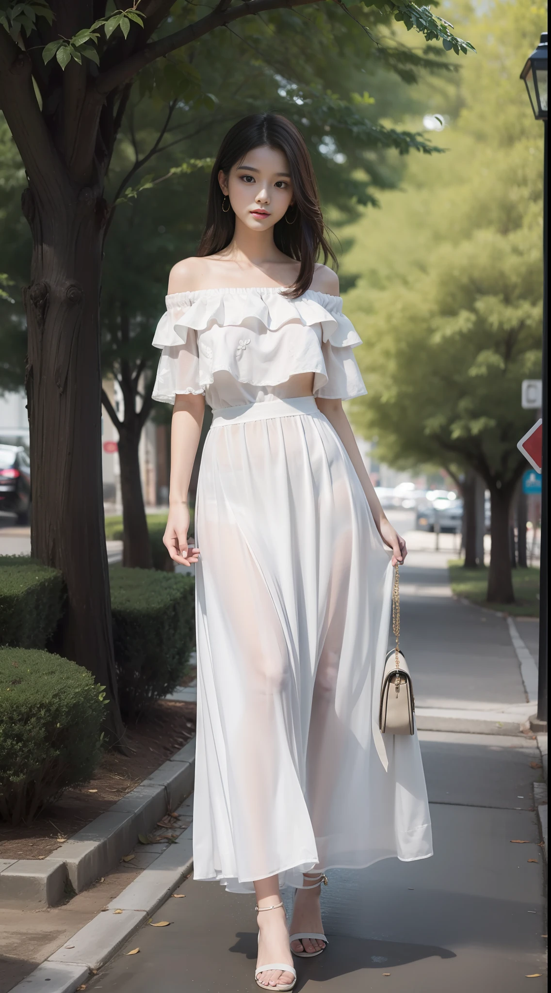 Best quality, full body portrait, delicate face, pretty face, 20 year old girl, slim figure, smaller bust, off-the-shoulder, long skirt, college campus, tree