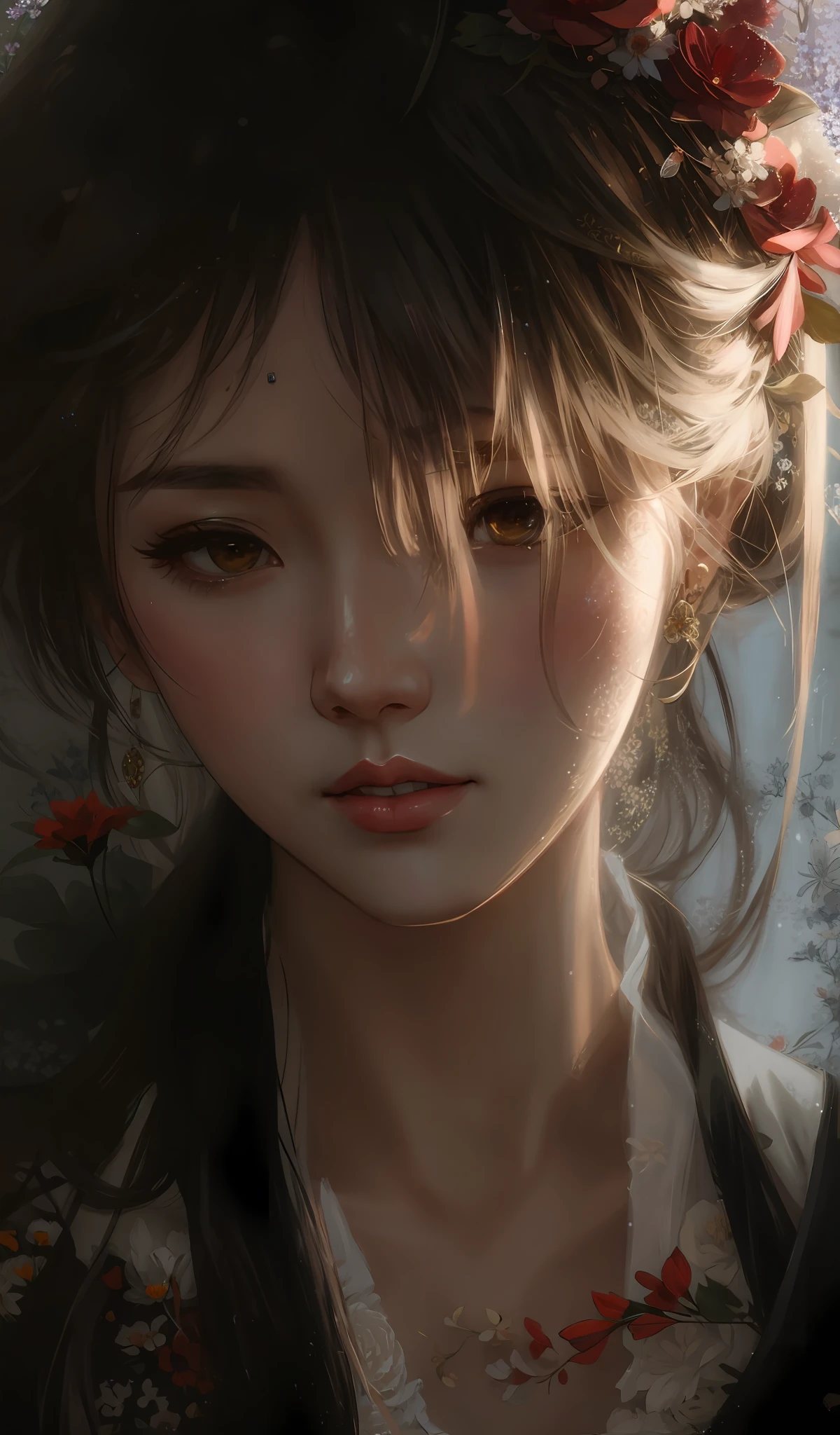 there is a woman with a flower in her hair, artwork in the style of guweiz, guweiz, guweiz masterpiece, guweiz on pixiv artstation, guweiz on artstation pixiv, by Yang J, by Shitao, by Zou Zhe, detailed portrait of anime girl, by Zhang Han, by Li Song