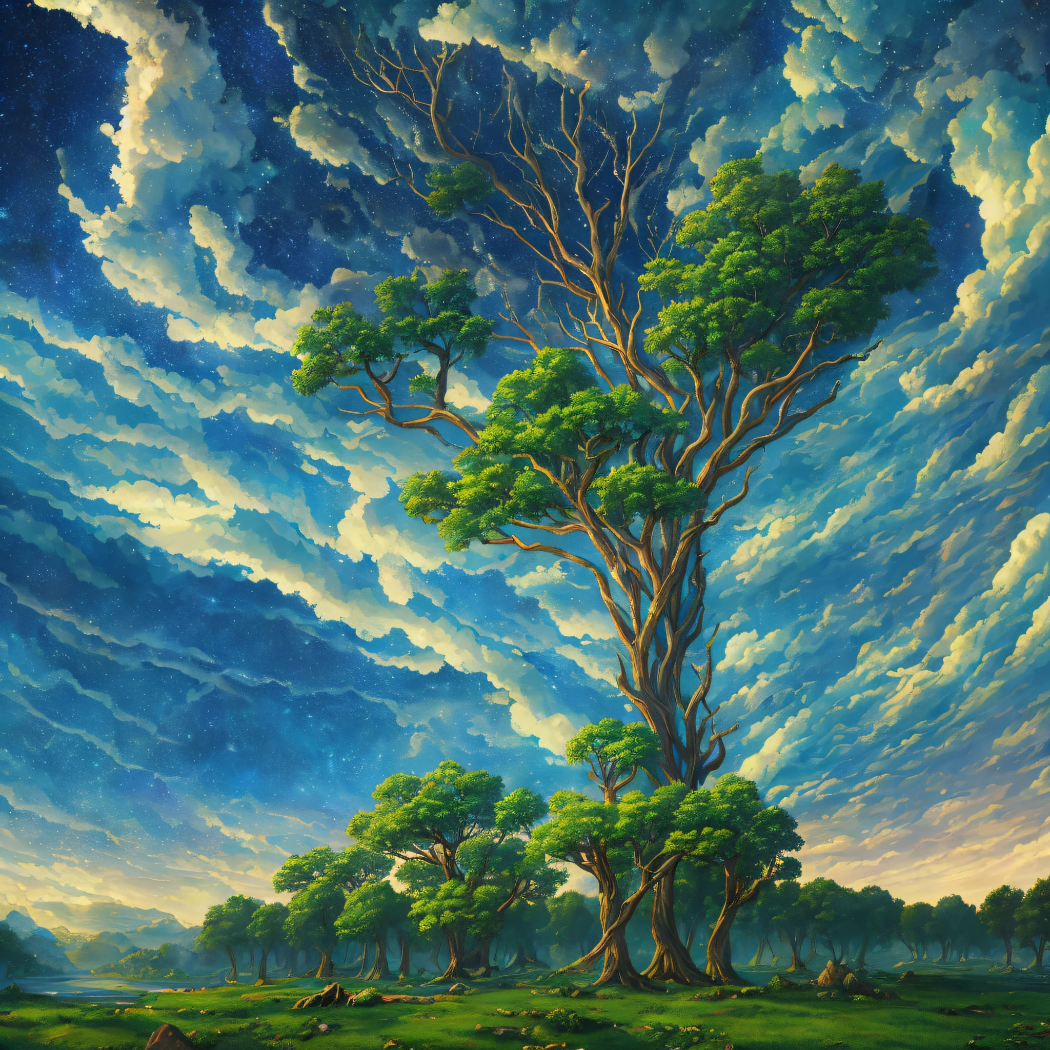 A surreal, otherworldly, surreal sky scene that includes the whole body of a huge giant tree, very detailed and magical lights, intricate forest details, vegetation and surrounding rivers, sun, landscape, giant trees, beautiful green leaves, beautiful lights and realistic proportions, as if on earth, 8k, highest quality, masterpiece, super exaggerated clouds and stars in the sky. Realism --auto --s2