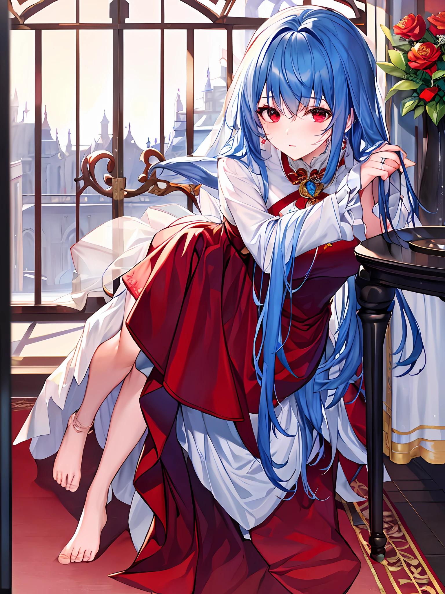 ((Best Quality, 8K, Masterpiece: 1.3)),1 girl, mature and charming woman, blue hair, coming out of the bathroom, feet,Dripping hair, getting dressed,room,Wedding dress,Red eyes,Red knot,Temple, church, flower ball,Holding the puppy,