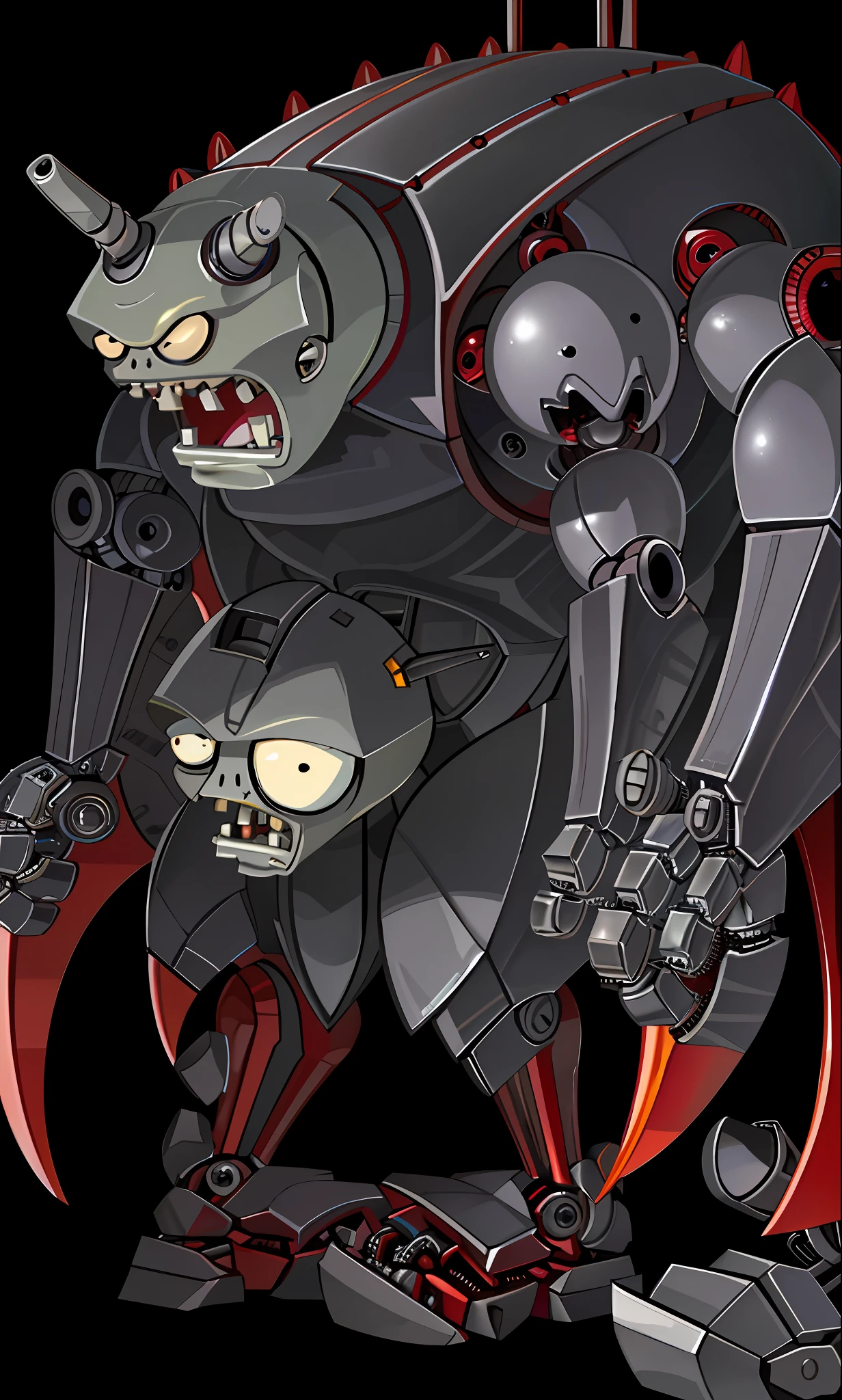 p vs.z\(Zob\), labcoat, simple background, grey background, robot, mecha, yellow eyes, male focus, sharp teeth, standing,open mouth,fangs