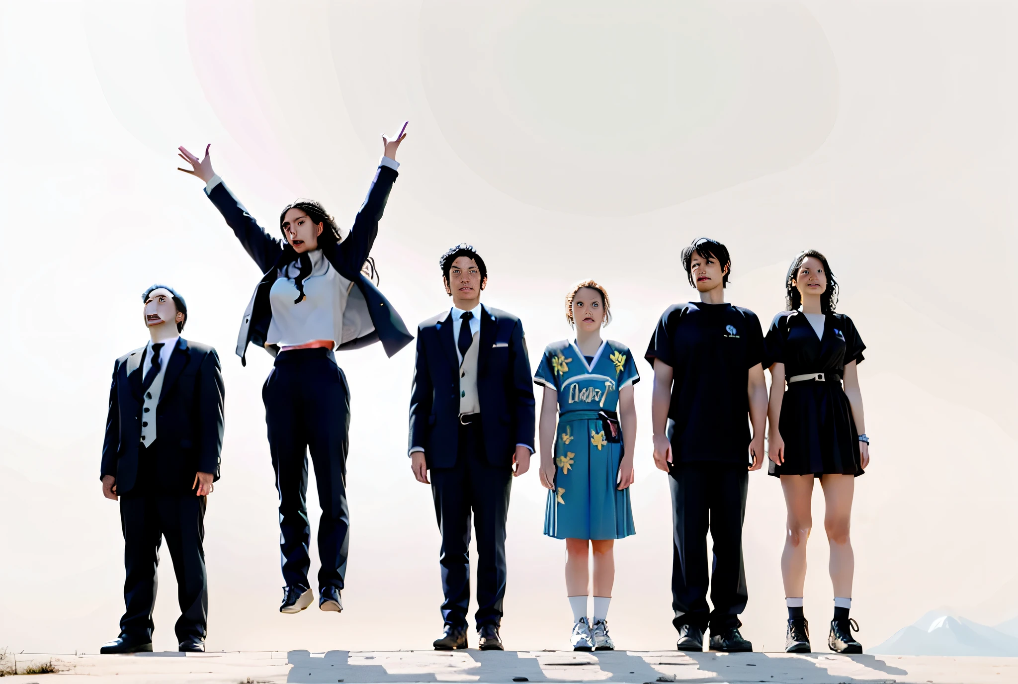 There are a lot of people standing in a row, one person jumping, a group of people, all wearing jerseys, black hair, masterpieces, celluloid style