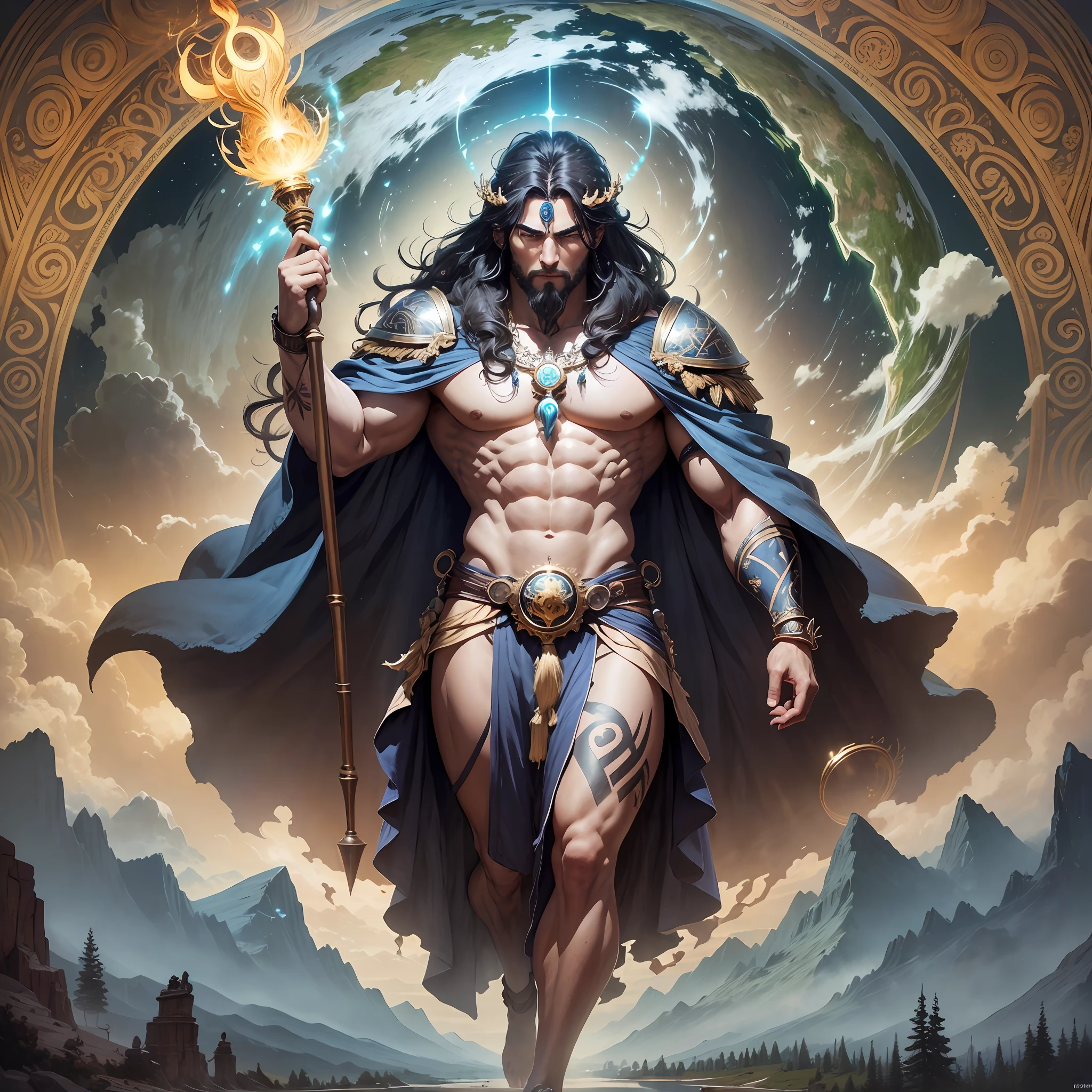 The god of geography is a tall, majestic male figure with a straight body, showing strength and stability. He is muscular and his body is covered with bare earth tattoos, symbolizing his close relationship with the earth.
His face takes on a dark or brown complexion that exudes an air of calm and stability. His eyes were deep and bright, exuding wisdom and solemnity. A light smoke looms between his eyebrows, symbolizing his connection to geographical knowledge.
His hair is like a vibrant forest, long and thick, hiding all kinds of natural elements and strange creatures. Sometimes the hair floats, as if it contains the energy of the earth.
He wears a gorgeous and ancient robe embroidered with various geographical elements such as mountains, rivers, forests, as well as the creatures and plants of nature. The motifs on the robe seem to have a spiritual power, showing the mystery and charm of the god of geography.
He holds a globe symbolizing a scepter, on which geographical features and various landforms are drawn. The globe emits a faint glow, representing his control and protection of the earth.
At the foot of the god of geography, a rich and diverse geographical landscape is revealed, such as mountains, deep valleys, seas and picturesque lakes. These landscapes flow with magical energy, symbolizing geographical knowledge and the magic of nature.
The god of geography exudes a solemn and mysterious aura, and he is the creator and guardian of geography. He led mankind to explore and understand the mysteries of the earth, giving it life and meaning.
The image of this geographical god is full of power, wisdom and majesty, symbolizing the infinite charm of geographical knowledge and the magic of nature. He is the link between the earth and humanity, protecting the balance and harmony of the earth. --auto --s2