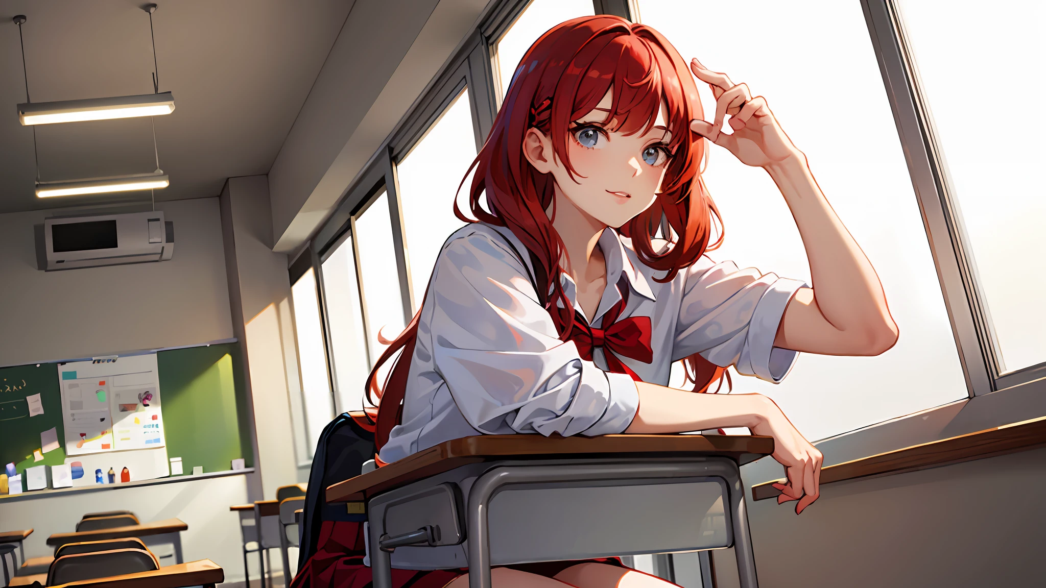 ((masterpiece,best quality)),1girl,red hair, school uniform, indoors, classroom, glowing, sidelighting,