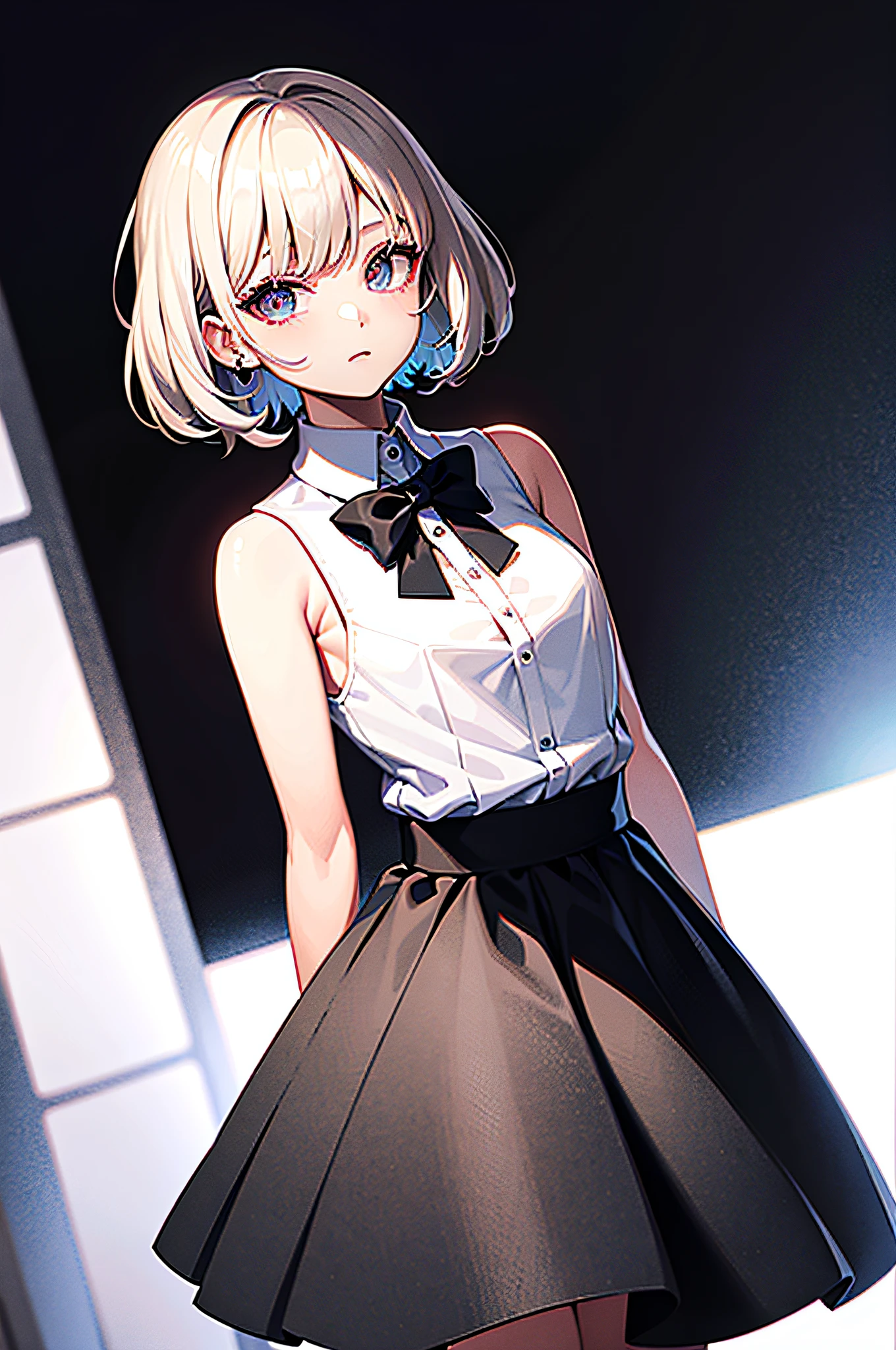 best quality, ultra high res, 1girl, sleeveless white button shirt, black skirt, black choker, cute, (Kpop idol), (aegyo sal:1), (platinum blonde hair:1), ((puffy eyes)), looking at viewer, full body, facing front