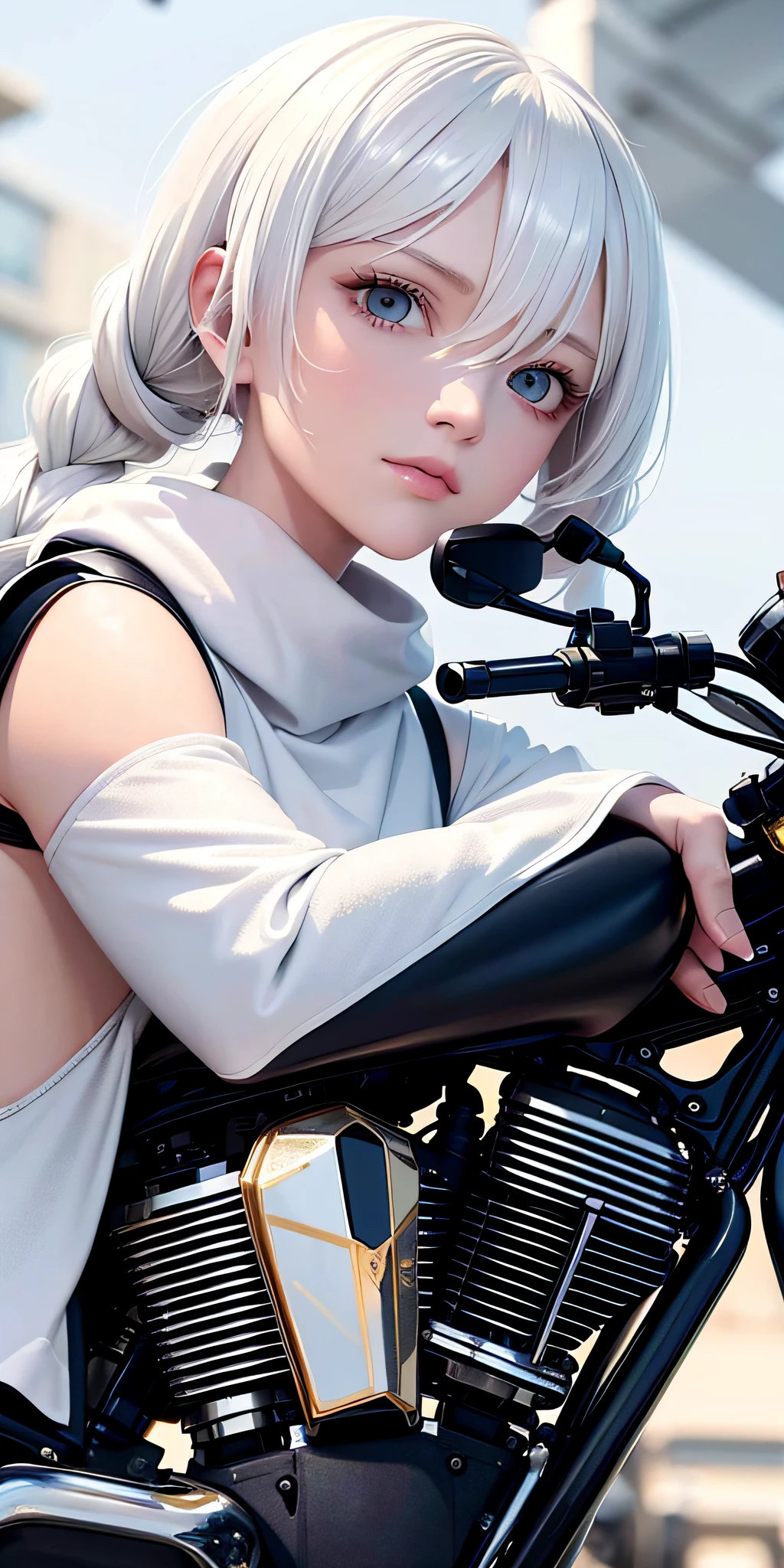 Excellent, masterpiece, white hair, golden eyes, white clothes, looking up, upper body, hair, fair skin, side braids, riding a motorcycle