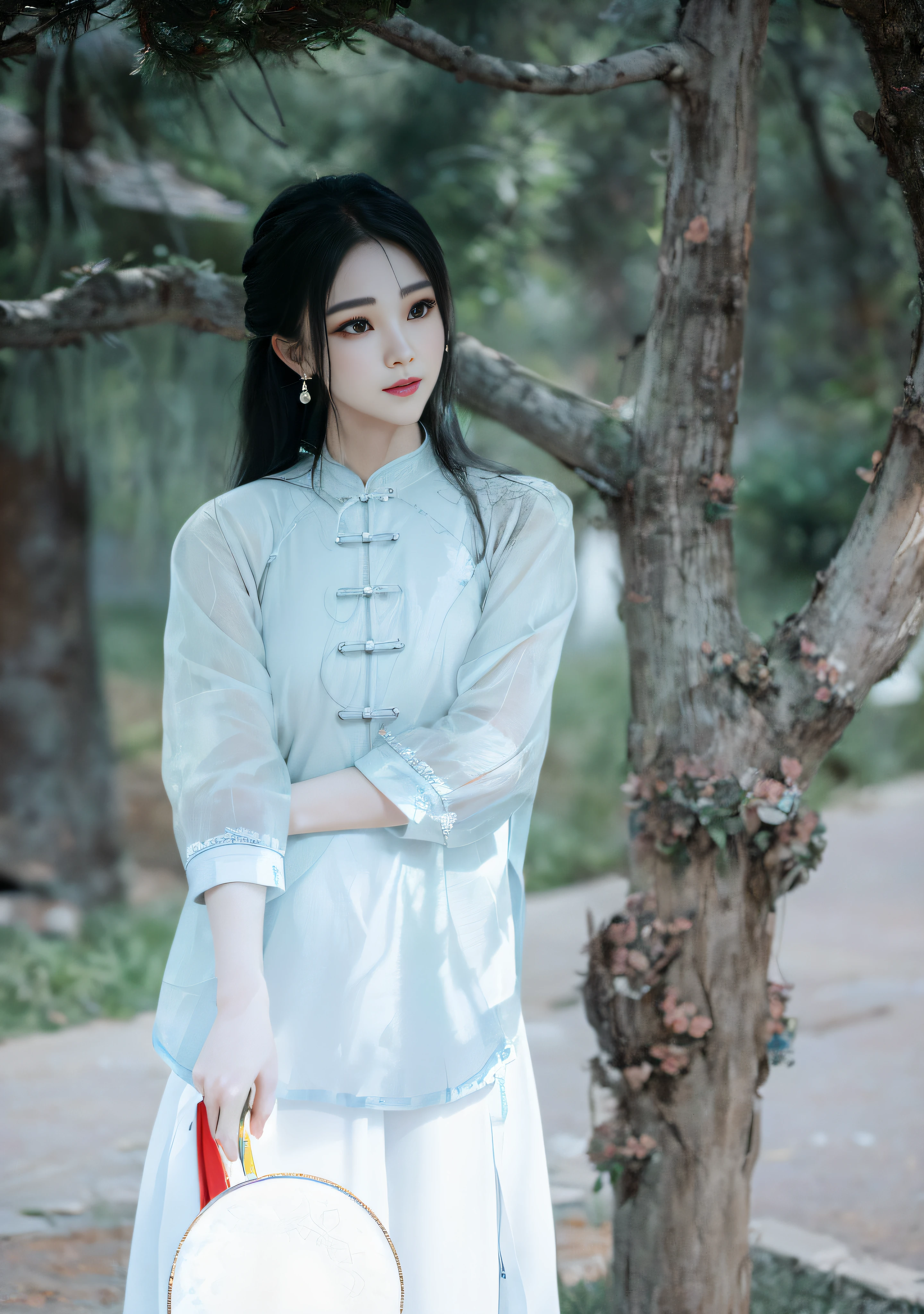 (best quality, masterpiece:1.2), photorealistic, ultra high res, full body shot, front lighting, intricate detail, Exquisite details and textures, 1girl, (young), face highlight, upper body, detailed face, tear mole, white skin, silver hair, ponytail, braid hair, looking at viewer, big eyes, symmetrical eyes, (sexy ao dai attire:1.6), earrings, (gigantic breasts), slim body, professional lighting, photon mapping, radiosity, physically-based rendering, good hands, good fingers, outdoor, masterpiece,ultra realistic,32k,extremely detailed CG unity 8k wallpaper, best quality