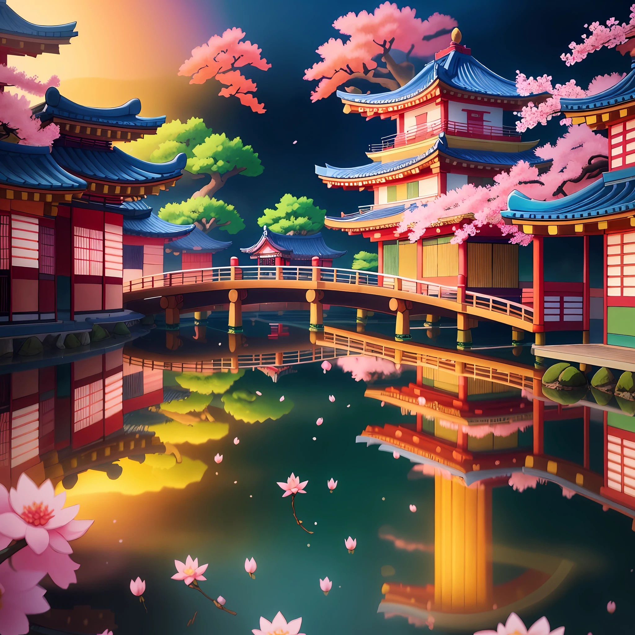 (digital painting),(best quality), serene Japanese garden, cherry blossoms in full bloom, koi pond, footbridge, pagoda, Ukiyo-e art style, Hokusai inspiration, Deviant Art popular, 8k ultra-realistic, pastel color scheme, soft lighting, golden hour, tranquil atmosphere, landscape orientation