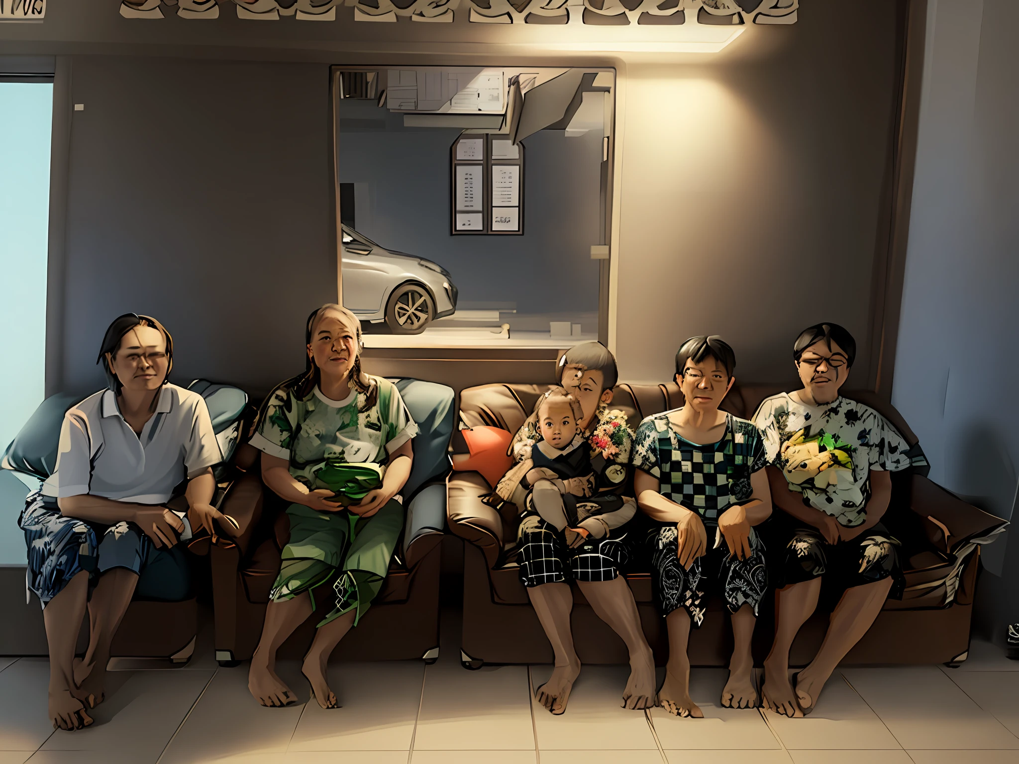 ((Family photo)), in a gray room,