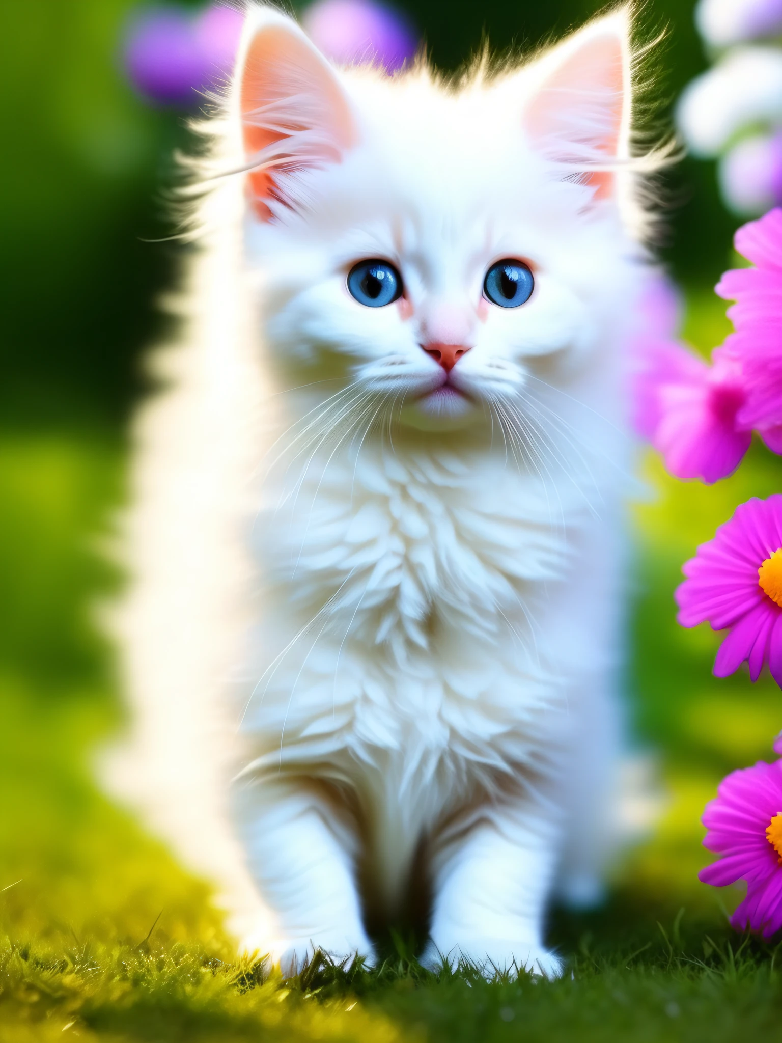 The air is full of high-definition transparent edges glowing A cute white kitten, clear facial details, flowers on the background, large aperture, this is a digital HD picture, artistic, noble kitten, fine and clear hair, transparent and bright eyes, beard roots are clearly visible, 8K