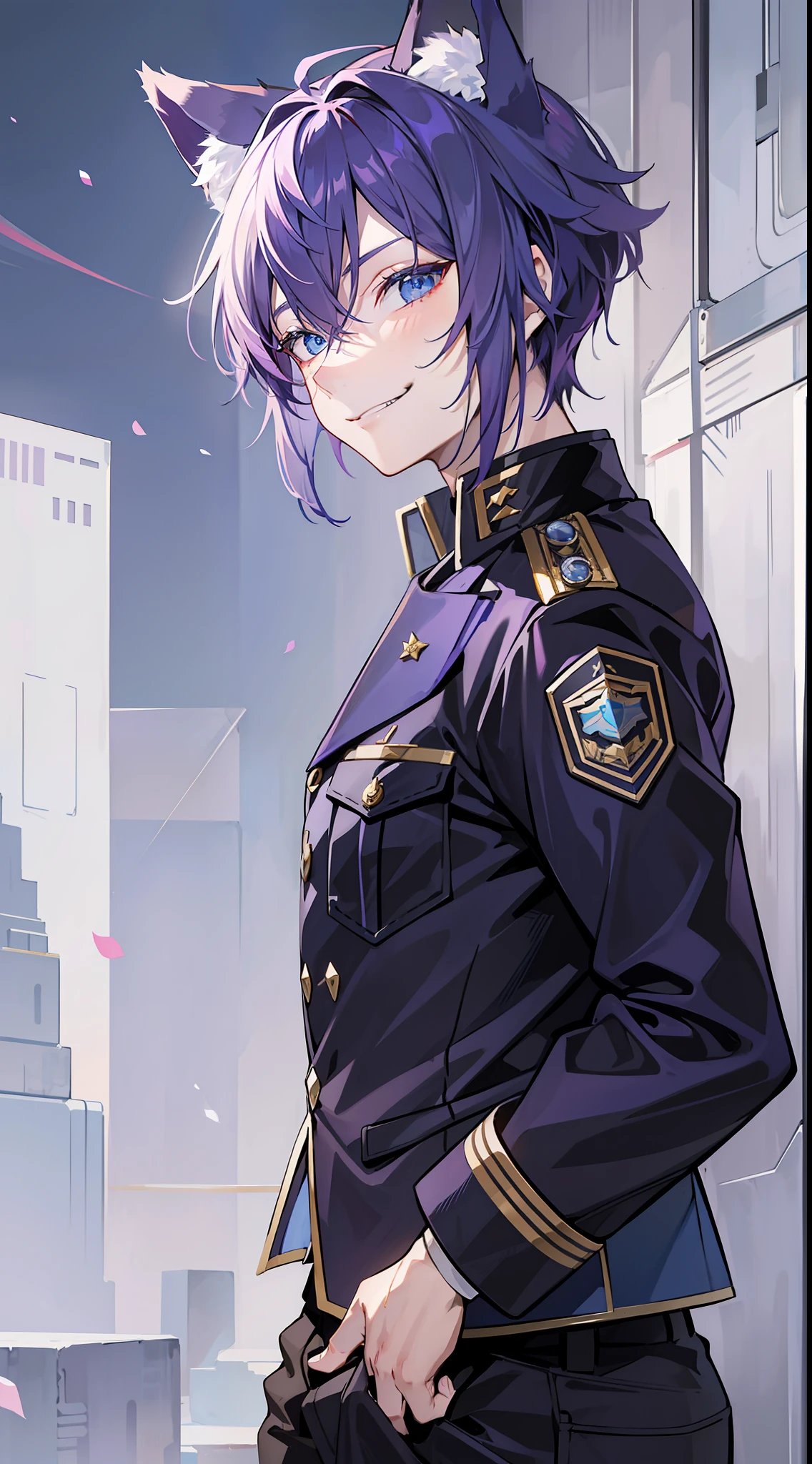 Young guy, short purple hair, blue eyes, wolf ears, dark officer's uniform, smirk, masterpiece, high quality